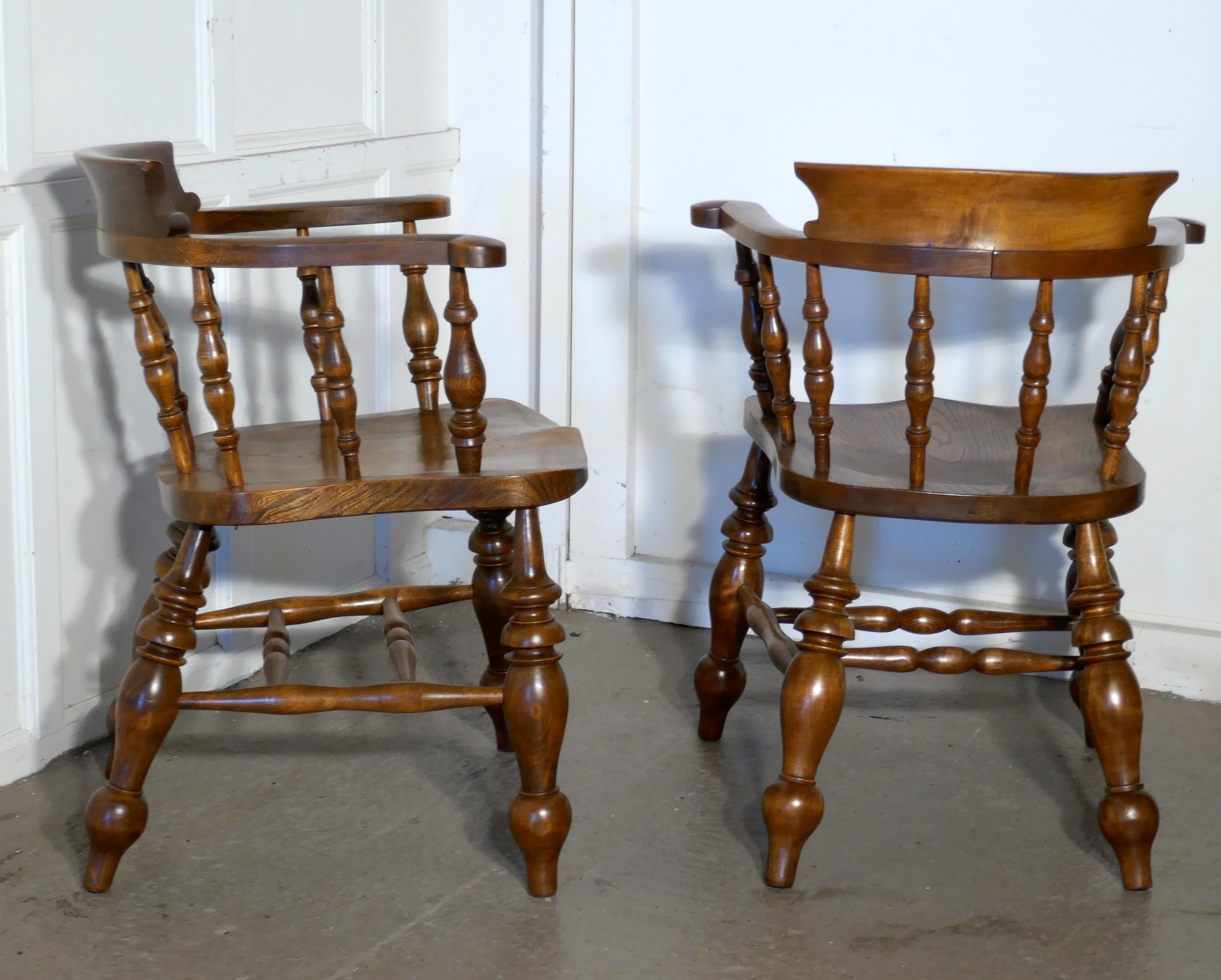 Late 19th Century Pair of Chunky Elm Smokers Bow Office or Desk Chairs
