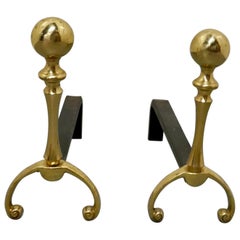 Pair of Chunky French Brass & Iron Andirons or Fire Dogs