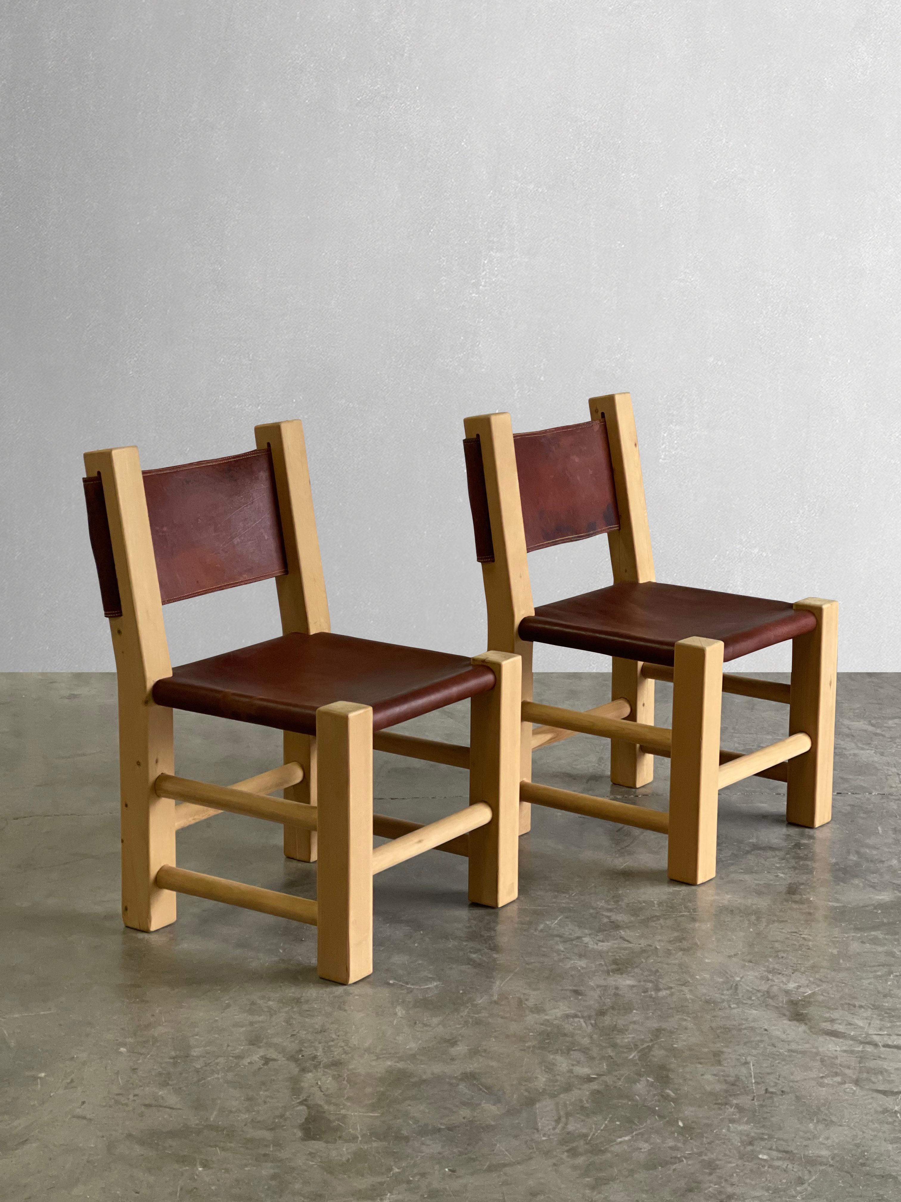 Unknown Pair of Chunky Primitive Pine and Leather Chairs