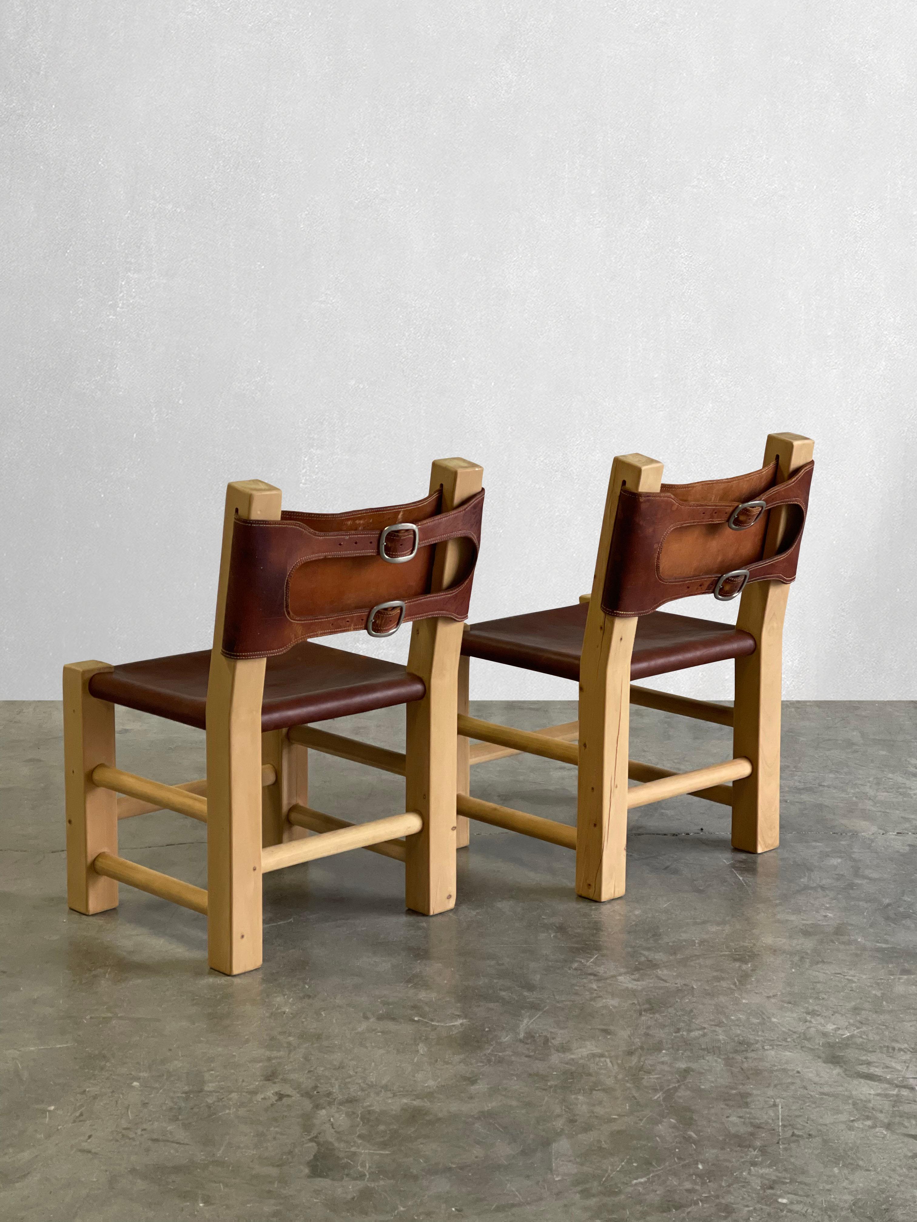 Late 20th Century Pair of Chunky Primitive Pine and Leather Chairs