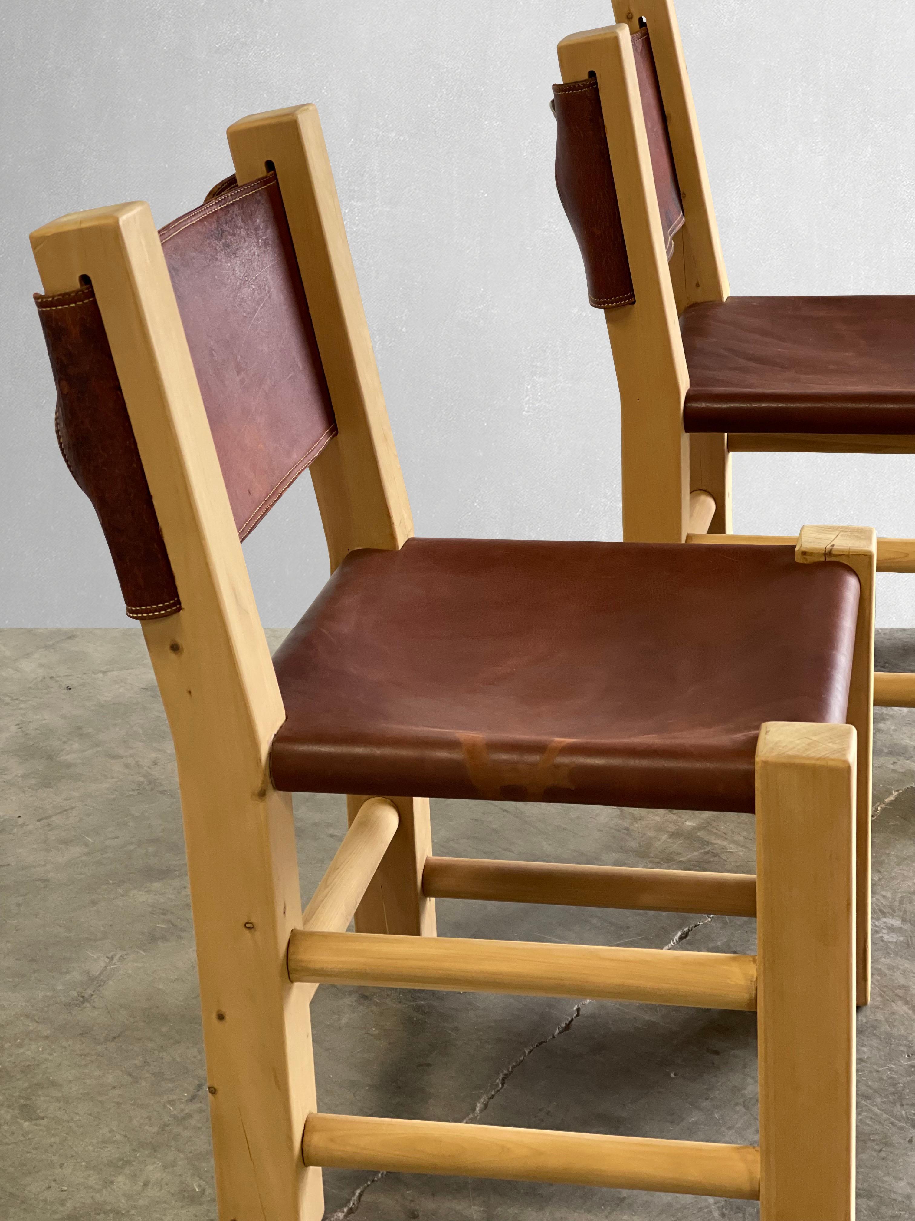 Pair of Chunky Primitive Pine and Leather Chairs 3