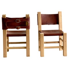 Pair of Chunky Primitive Pine and Leather Chairs