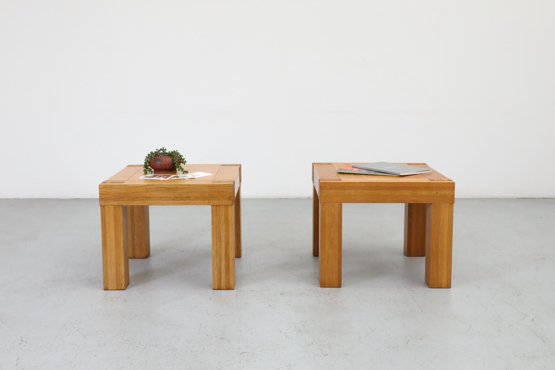 Pair of Mintjens Belgische Meubelmakers oak side tables. Tables have beautiful box joints and a chunky design. In original condition with visible wear consistent with their age and use. Set price.
