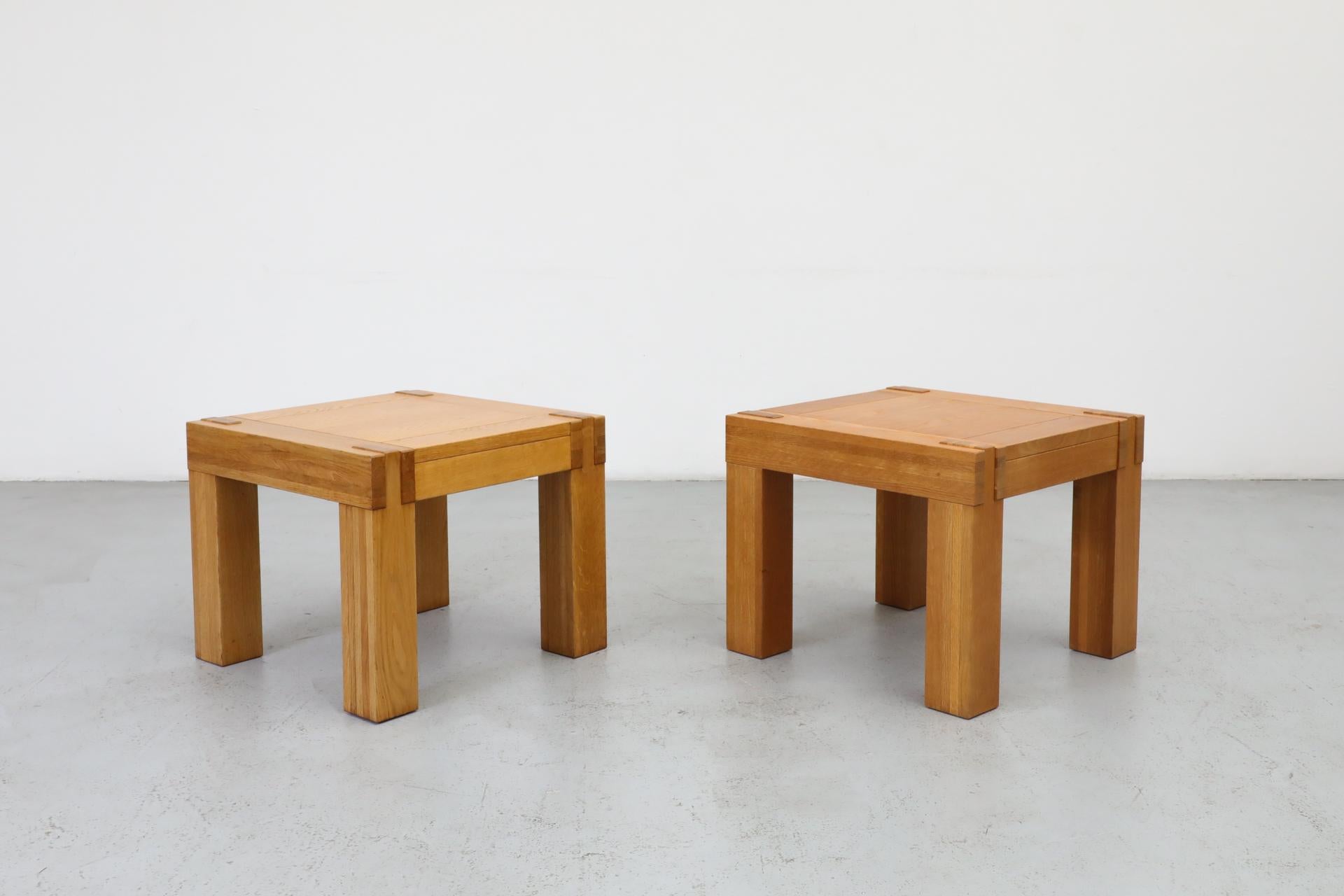 Belgian Pair of Chunky Square Mintjens Oak Side Tables with Box Joints