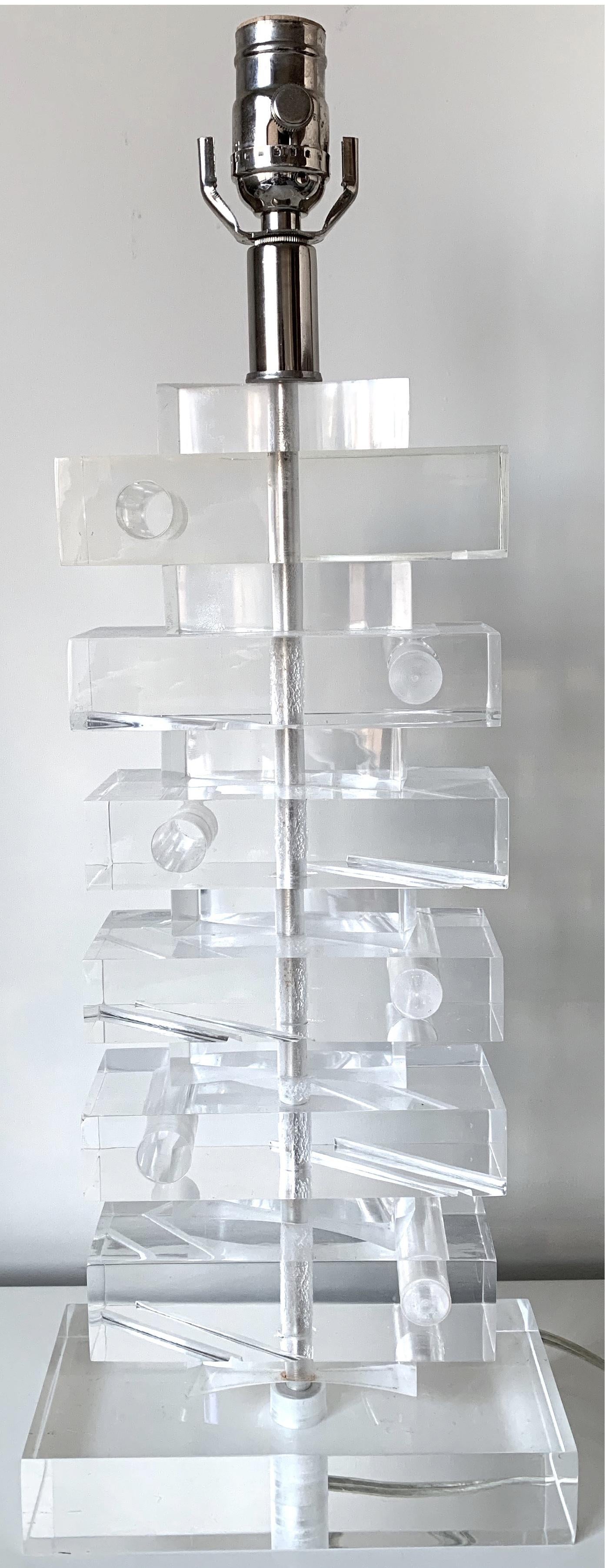 American Pair of Lucite Stacked Geometric Lamps For Sale