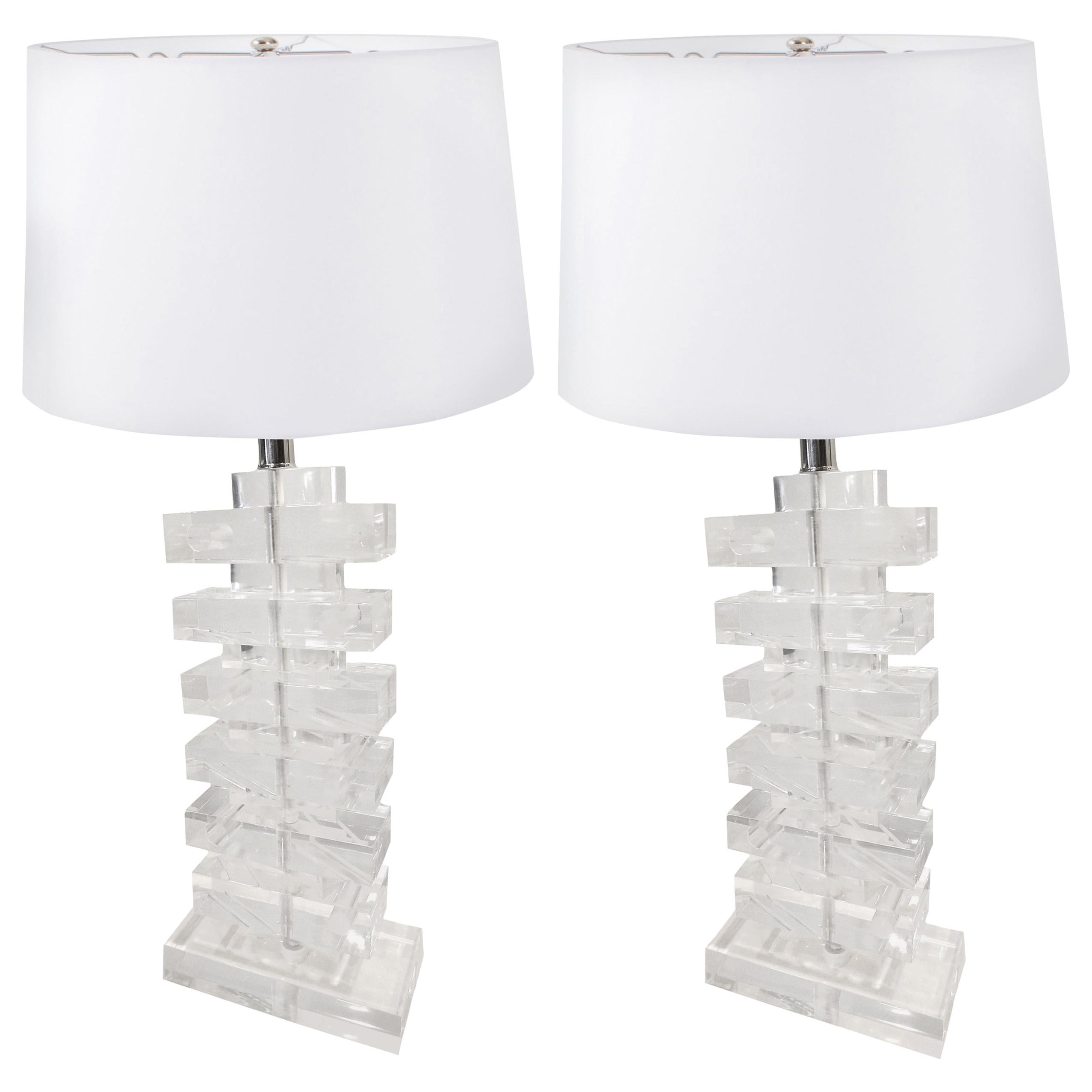 Pair of Lucite Stacked Geometric Lamps