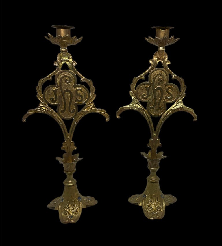 Other Pair of Church Altar Enamel Metal Candle Holders For Sale