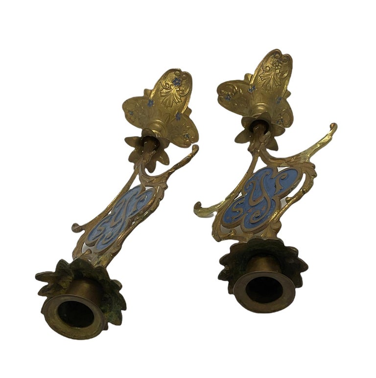 Unknown Pair of Church Altar Enamel Metal Candle Holders For Sale