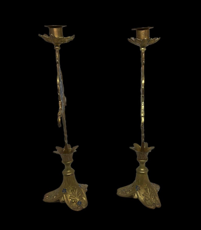 Enameled Pair of Church Altar Enamel Metal Candle Holders For Sale