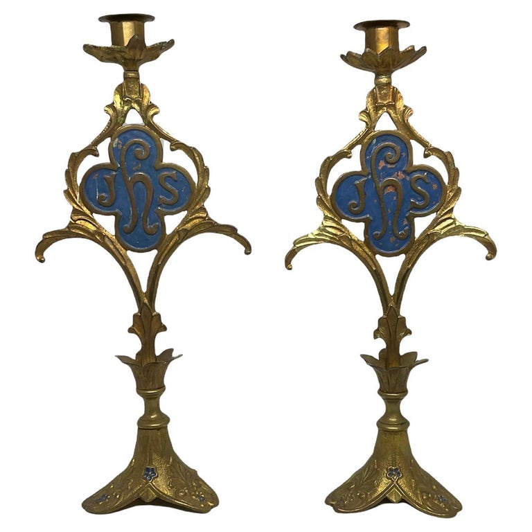 Pair of Church Altar Enamel Metal Candle Holders For Sale