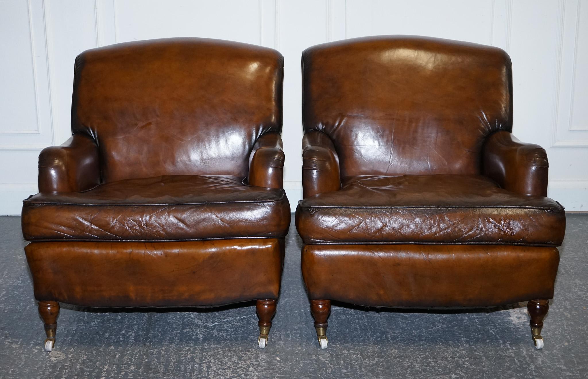 
Antiques of London



Bring timeless British elegance into your home with this exquisite pair of Howard & Sons style leather armchairs, expertly hand-dyed using traditional techniques for a rich, heritage finish. Crafted in the iconic Howard