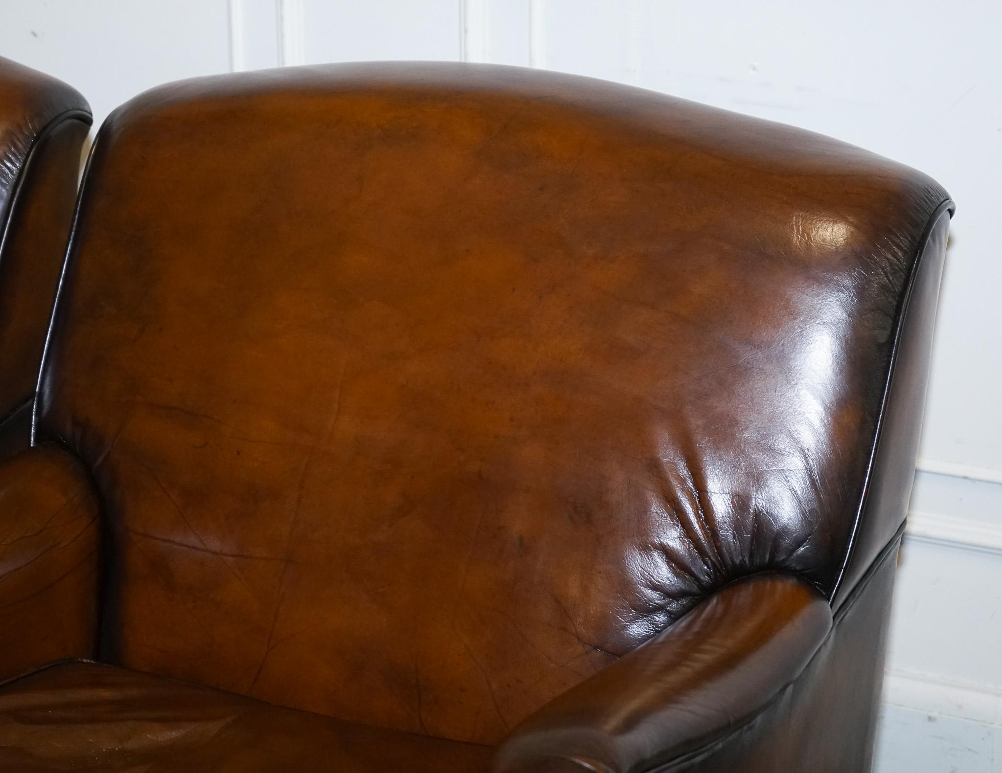 Hand-Crafted PAIR OF CIGAR HAND DYED LEATHER HOWARD & SONS STYLE ARMCHAiRS ON CASTOR FEET For Sale
