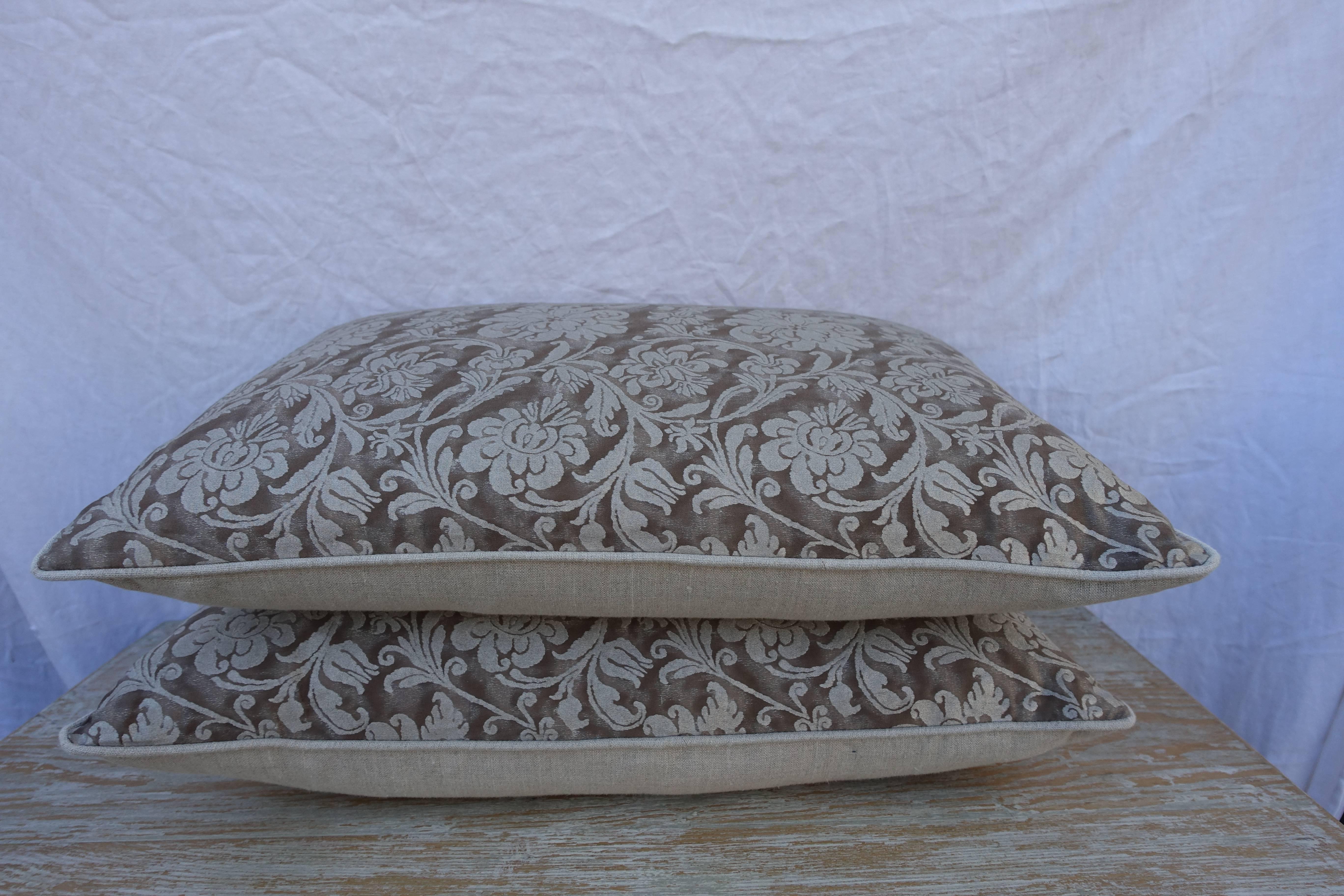 Rococo Pair of Cimarosa Patterned Greyish Brown and Silvery Gold Fortuny Pillows