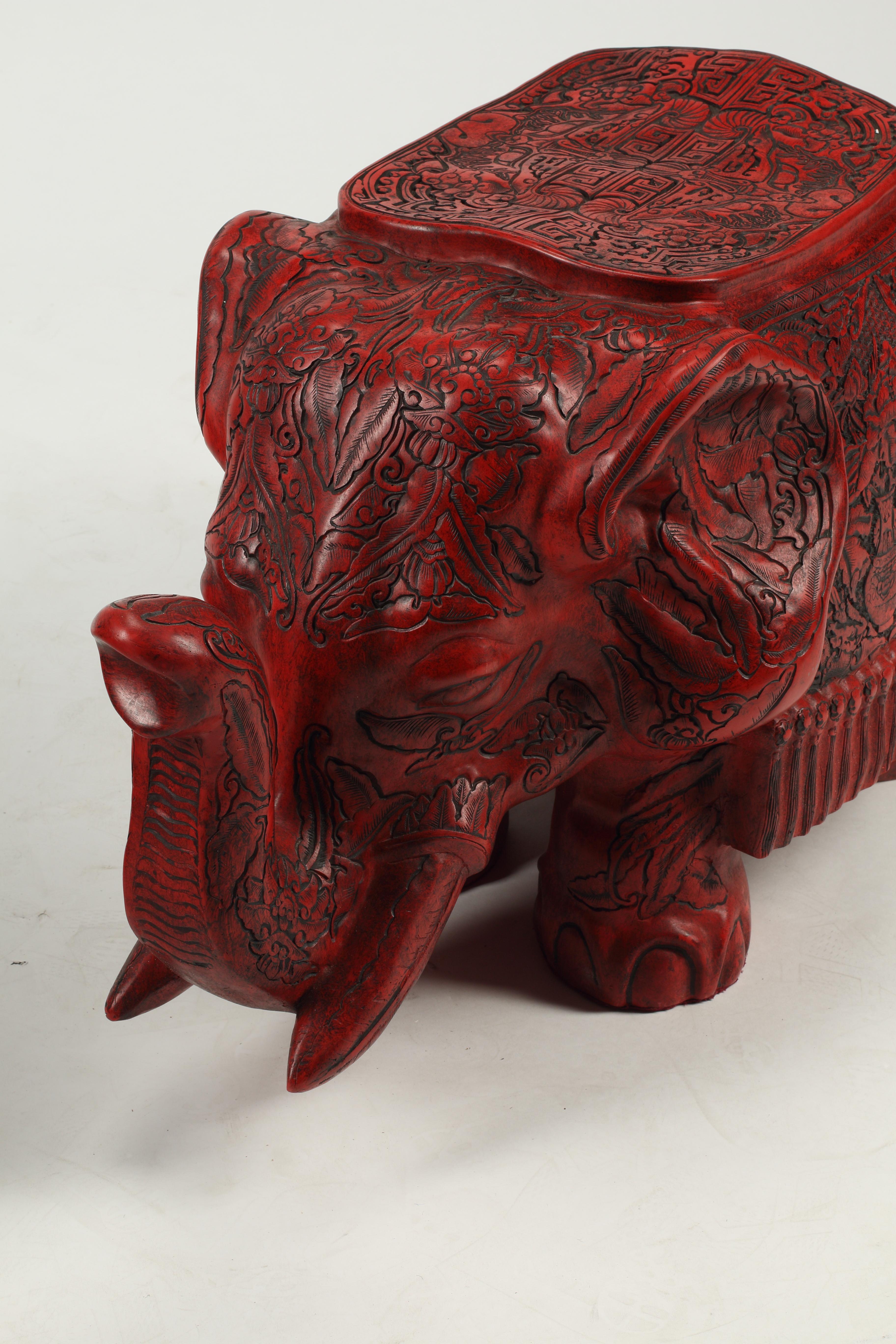 Carved Pair of Cinnabar Style Elephant Stools For Sale