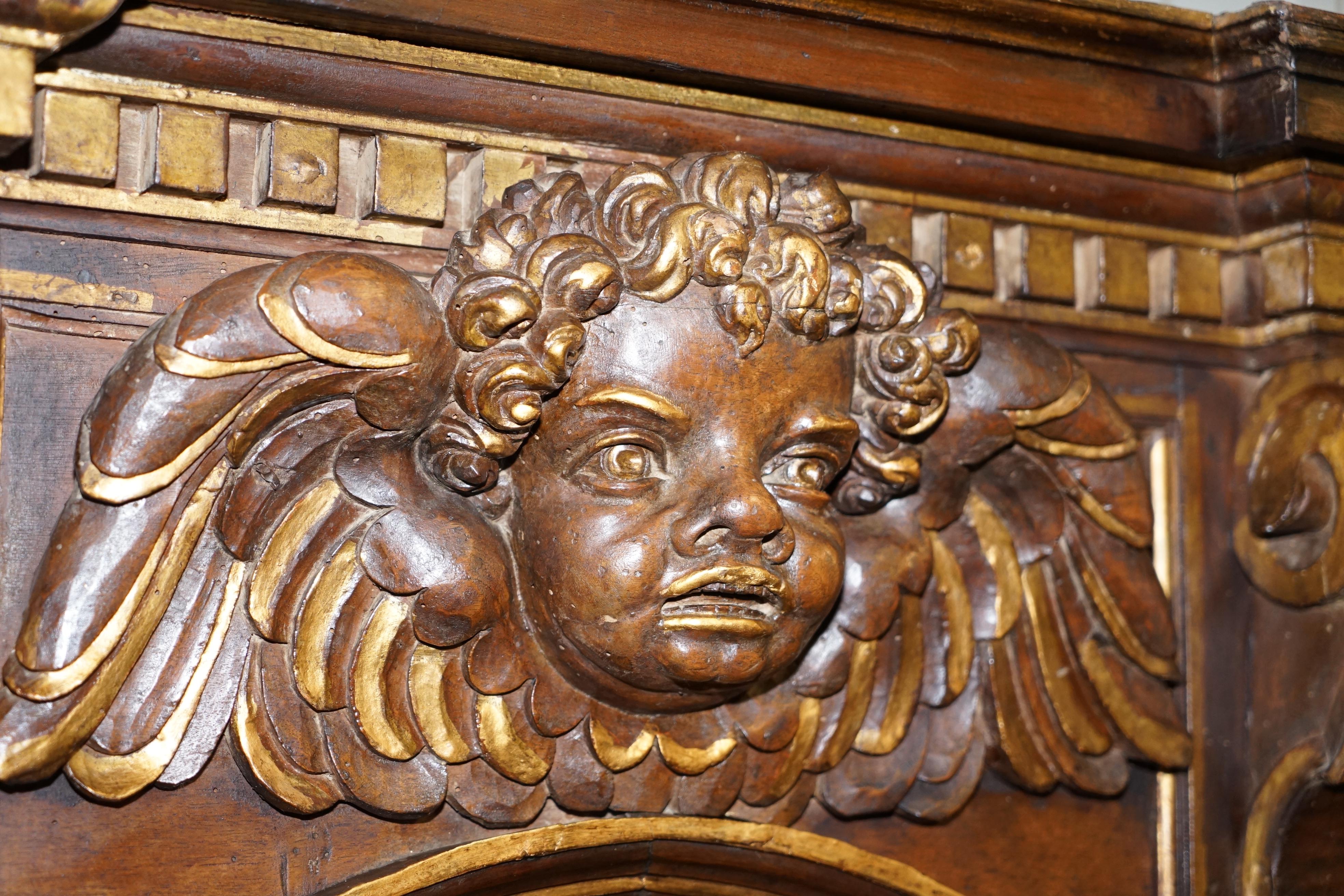 Pair of circa 1700 Baroque Walnut & Parcel Gilt Library Bookcases Cherub Angels 5