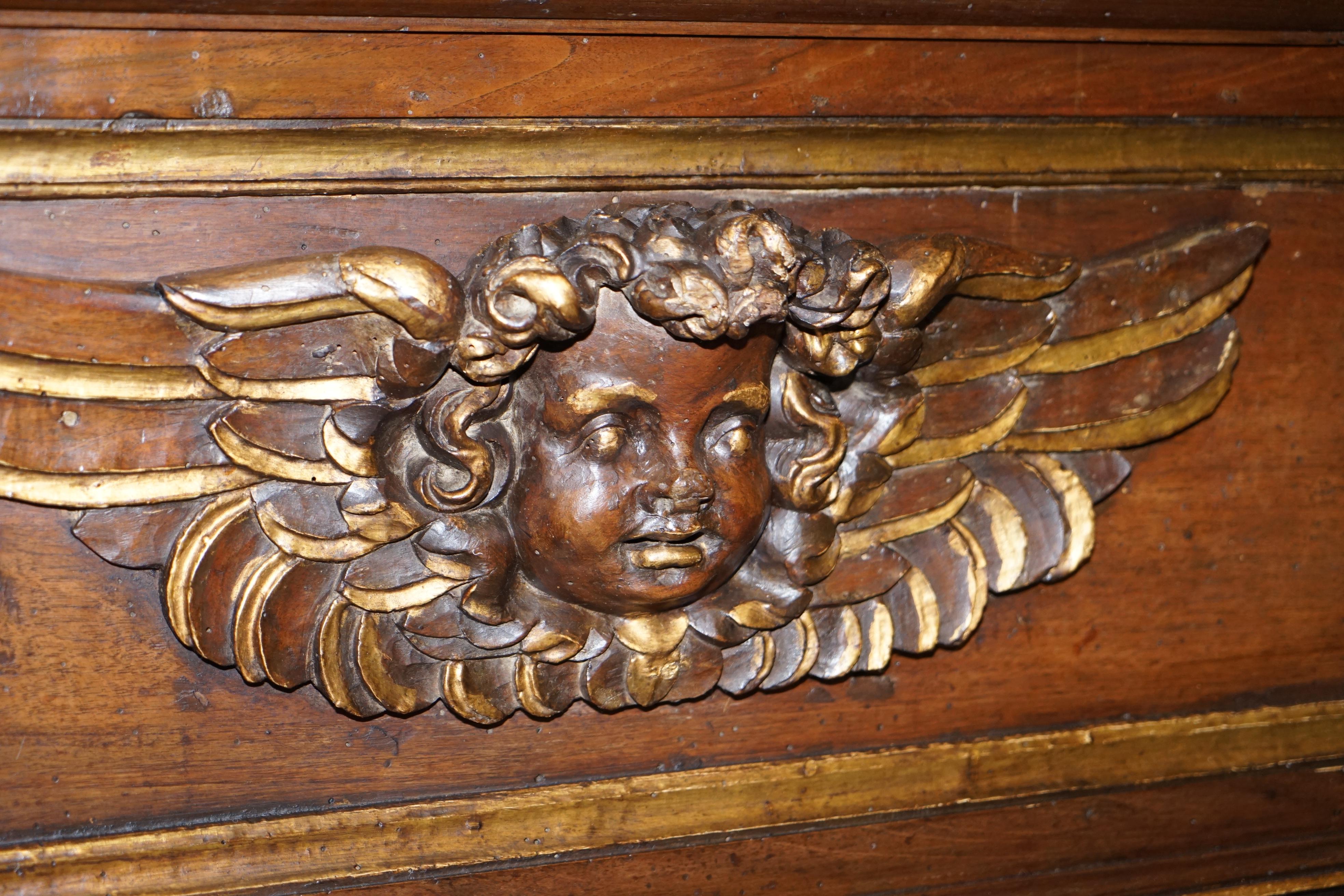 Pair of circa 1700 Baroque Walnut & Parcel Gilt Library Bookcases Cherub Angels 1