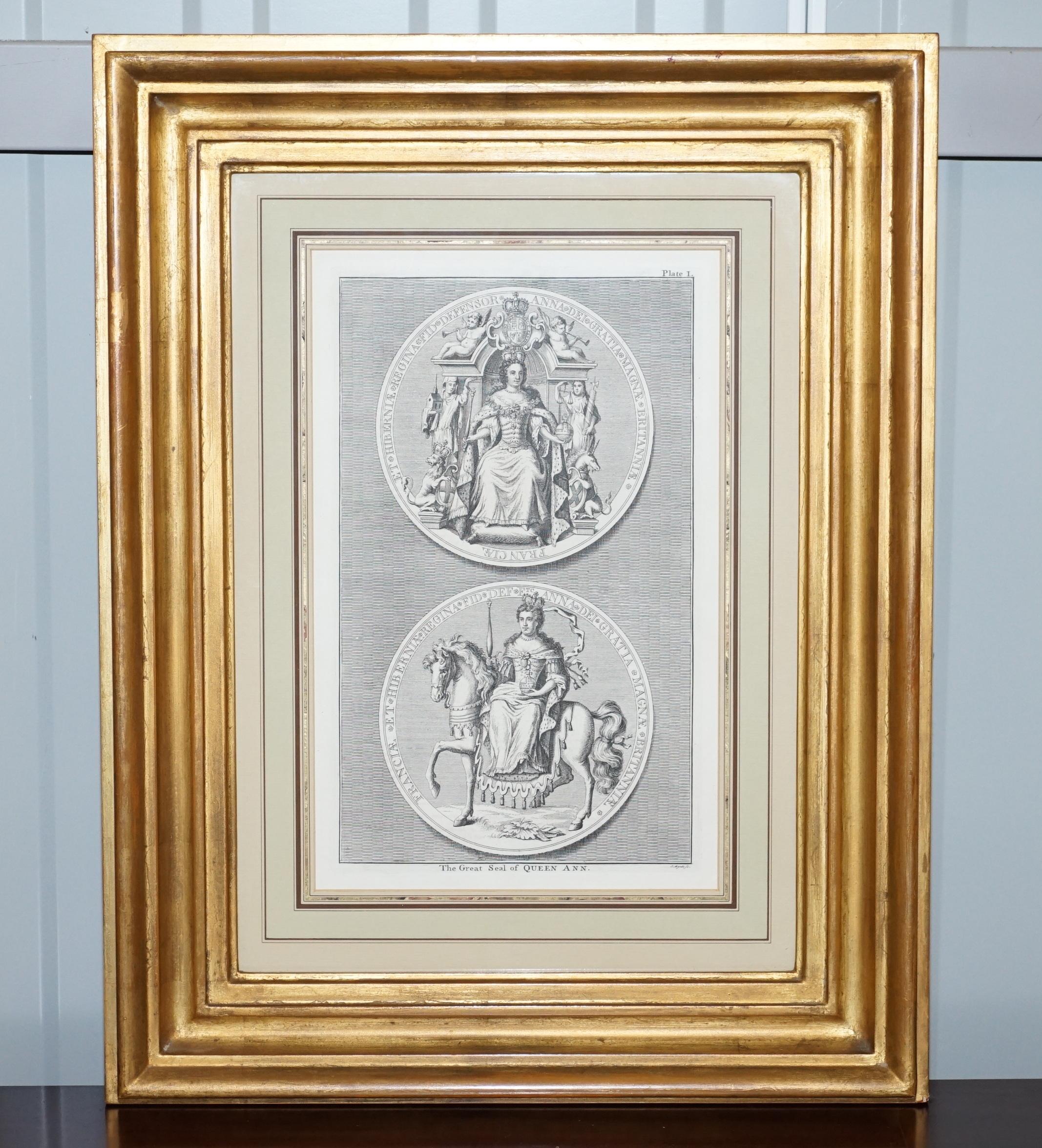 Pair of circa 1730 James Mynde Royal Seal Original Line Printed Prints Framed 6