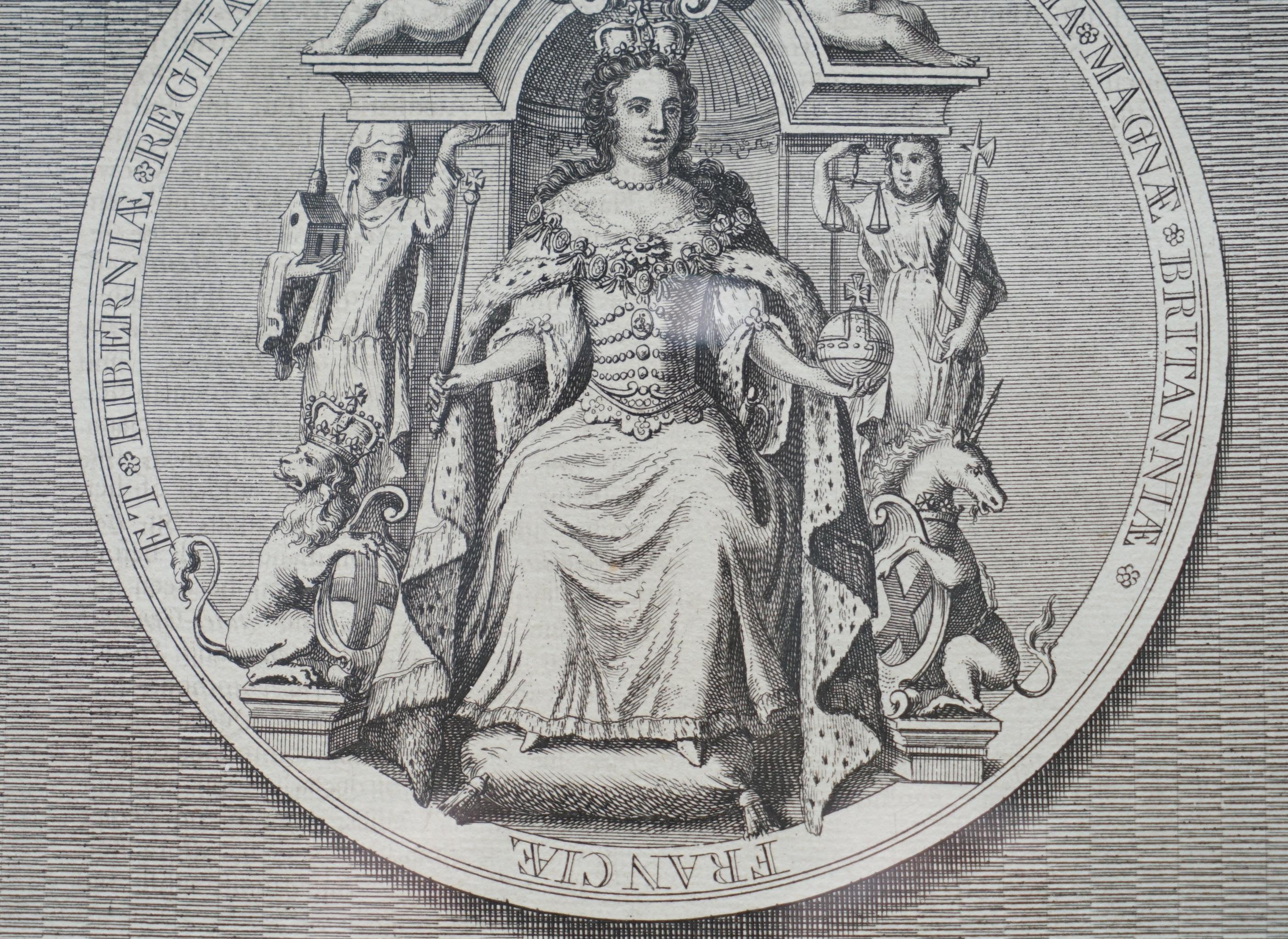 Pair of circa 1730 James Mynde Royal Seal Original Line Printed Prints Framed 9