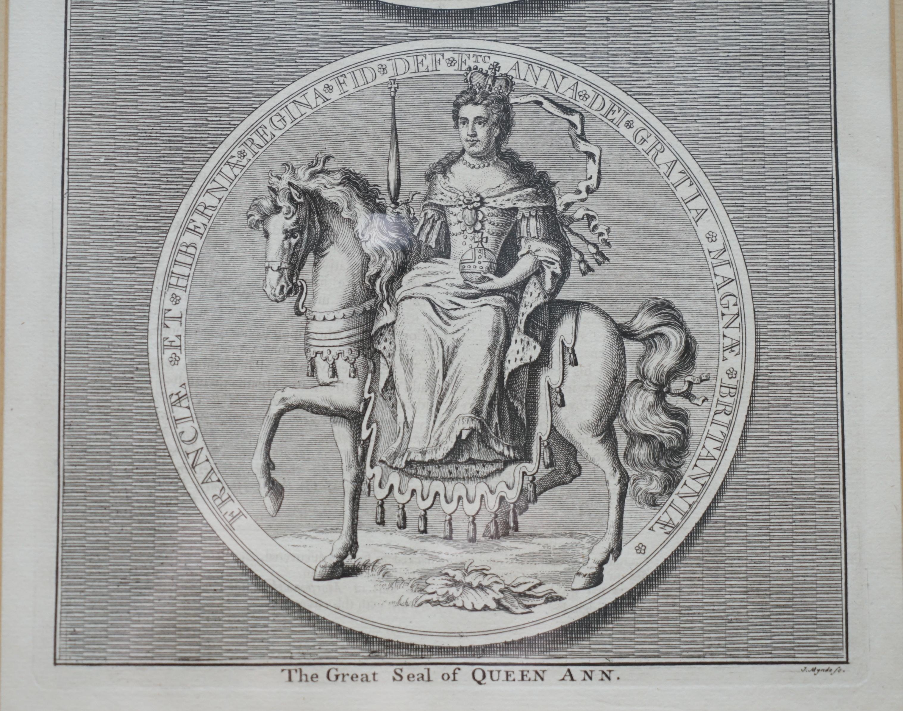 Pair of circa 1730 James Mynde Royal Seal Original Line Printed Prints Framed 11