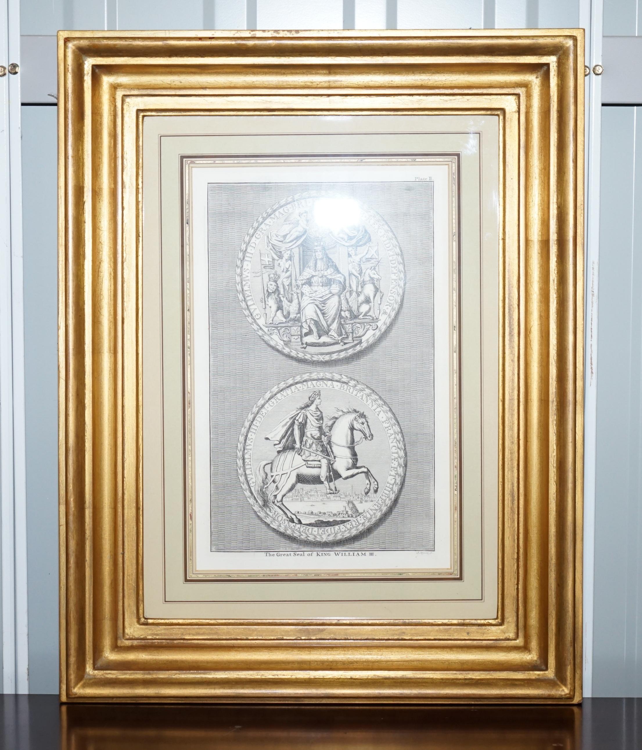 We are delighted to offer for sale this very rare and highly collectable pair of original early circa 1730 line printed prints by James Mynda (1702-1771) of royal seals 

These are sublime quality and look important and expensive in any setting,