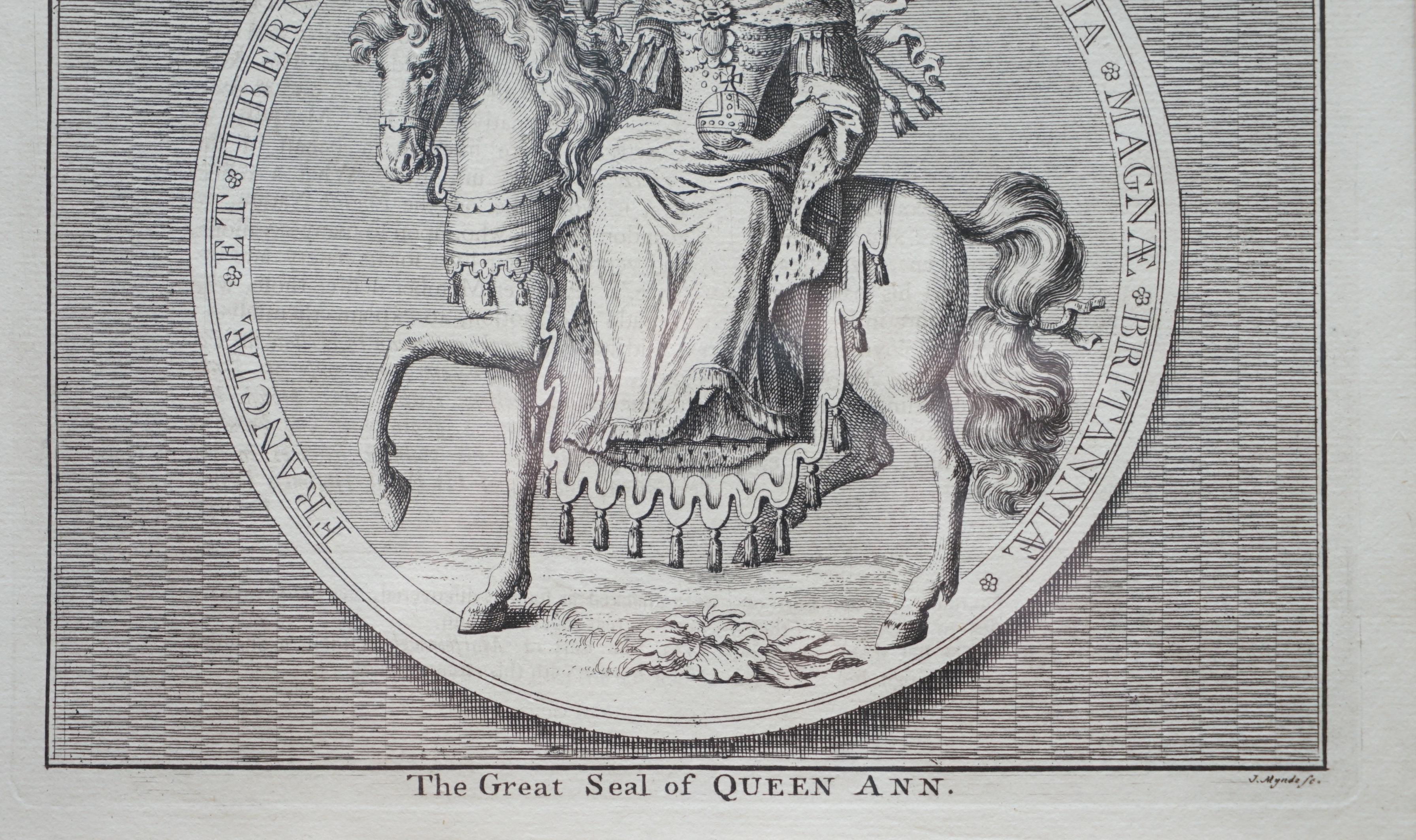 Pair of circa 1730 James Mynde Royal Seal Original Line Printed Prints Framed 13