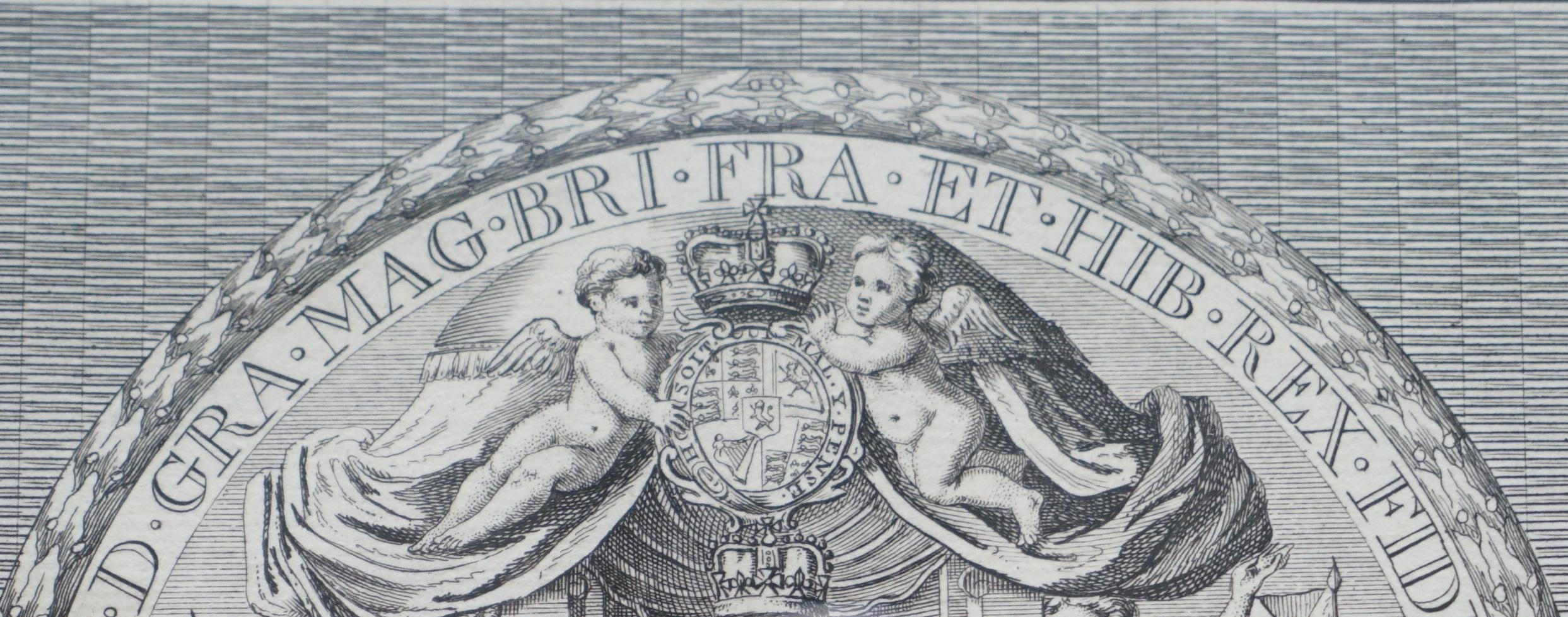 Paper Pair of circa 1730 James Mynde Royal Seal Original Line Printed Prints Framed