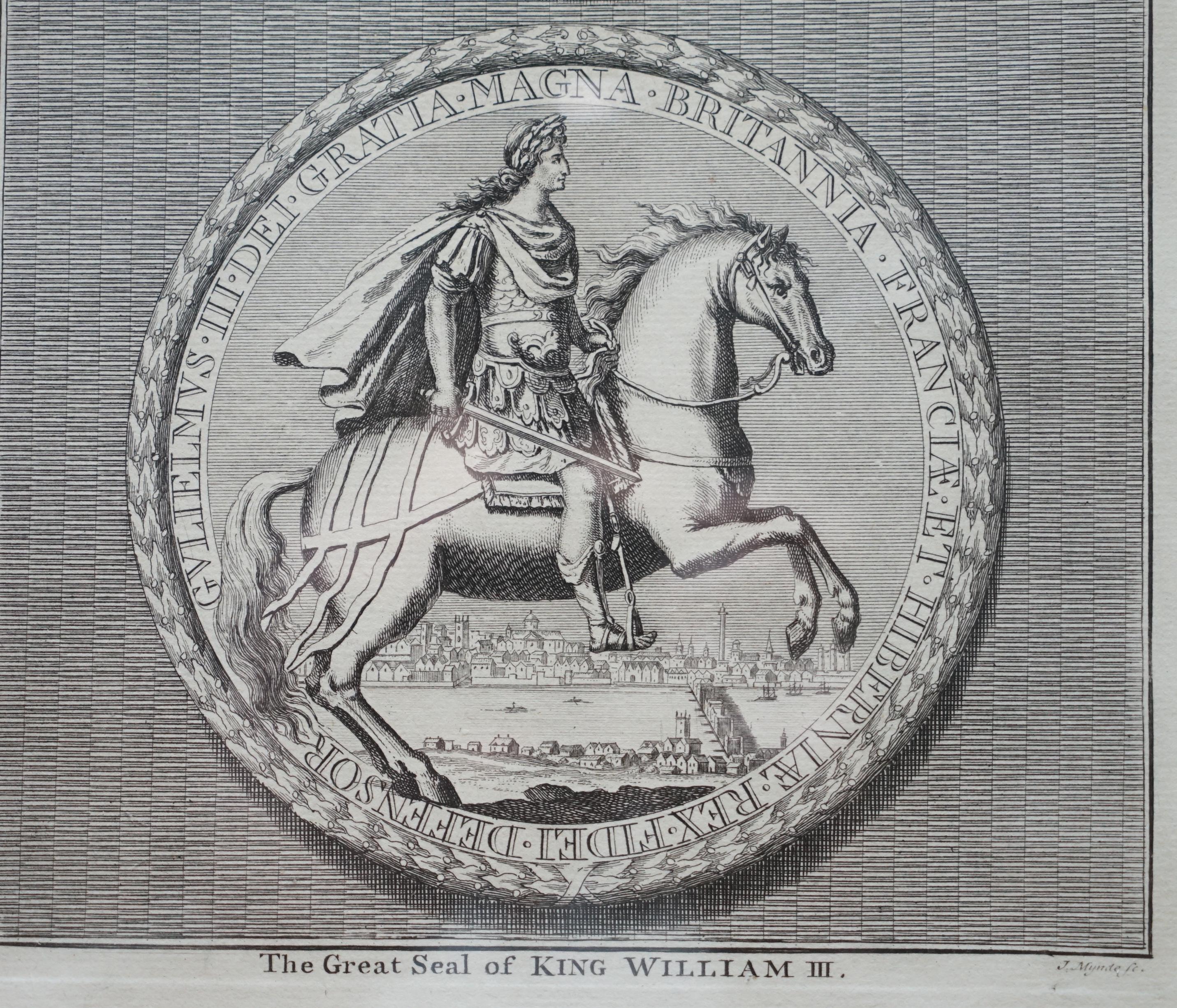 Pair of circa 1730 James Mynde Royal Seal Original Line Printed Prints Framed 2