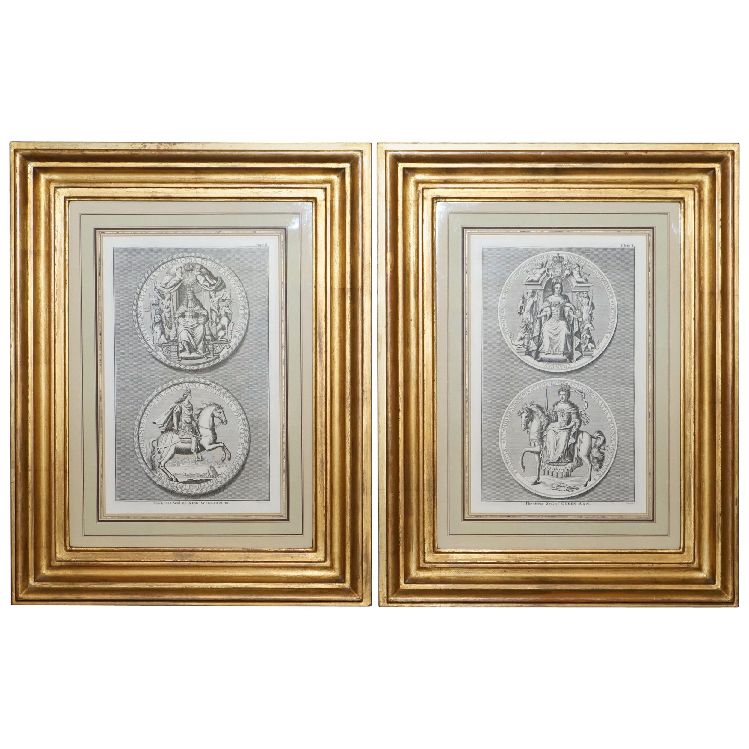 Pair of circa 1730 James Mynde Royal Seal Original Line Printed Prints Framed