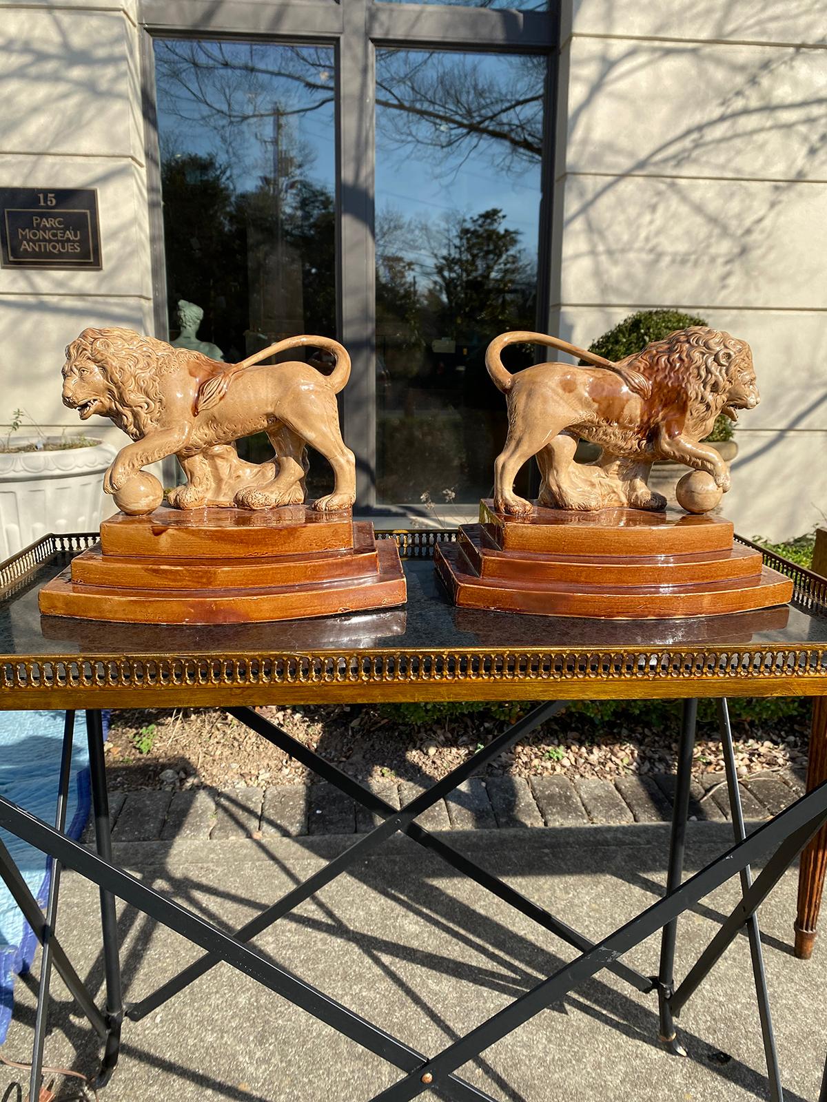 Pair of circa 1790 English porcelain lions, unusual form, unmarked.