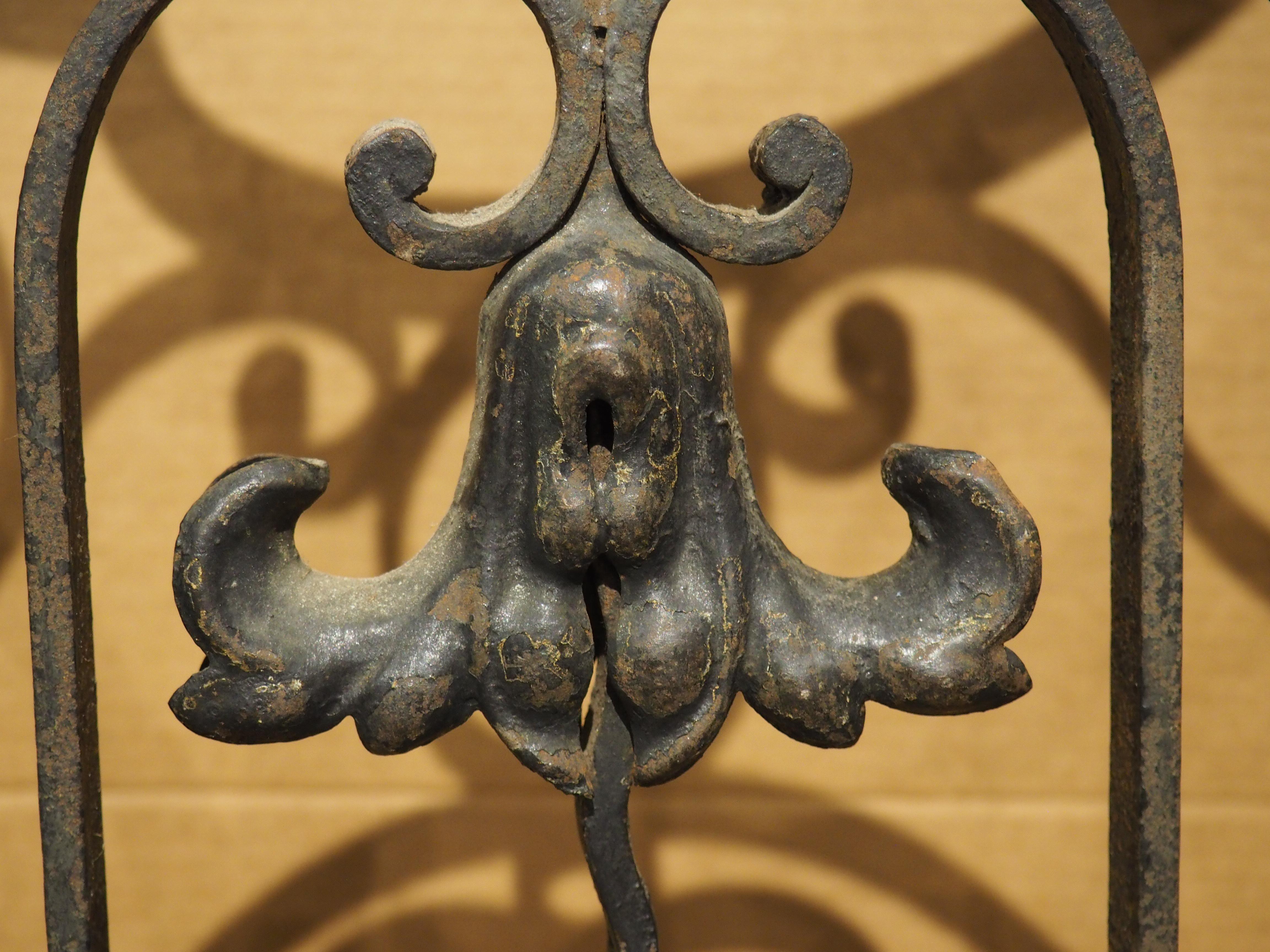 Composed of four sections of wrought iron, these wonderful French gates have tole foliate embellishments. Dating to circa 1800, the pair of gates have a black finish with a well-developed brown oxidized patination. The main sections swivel on