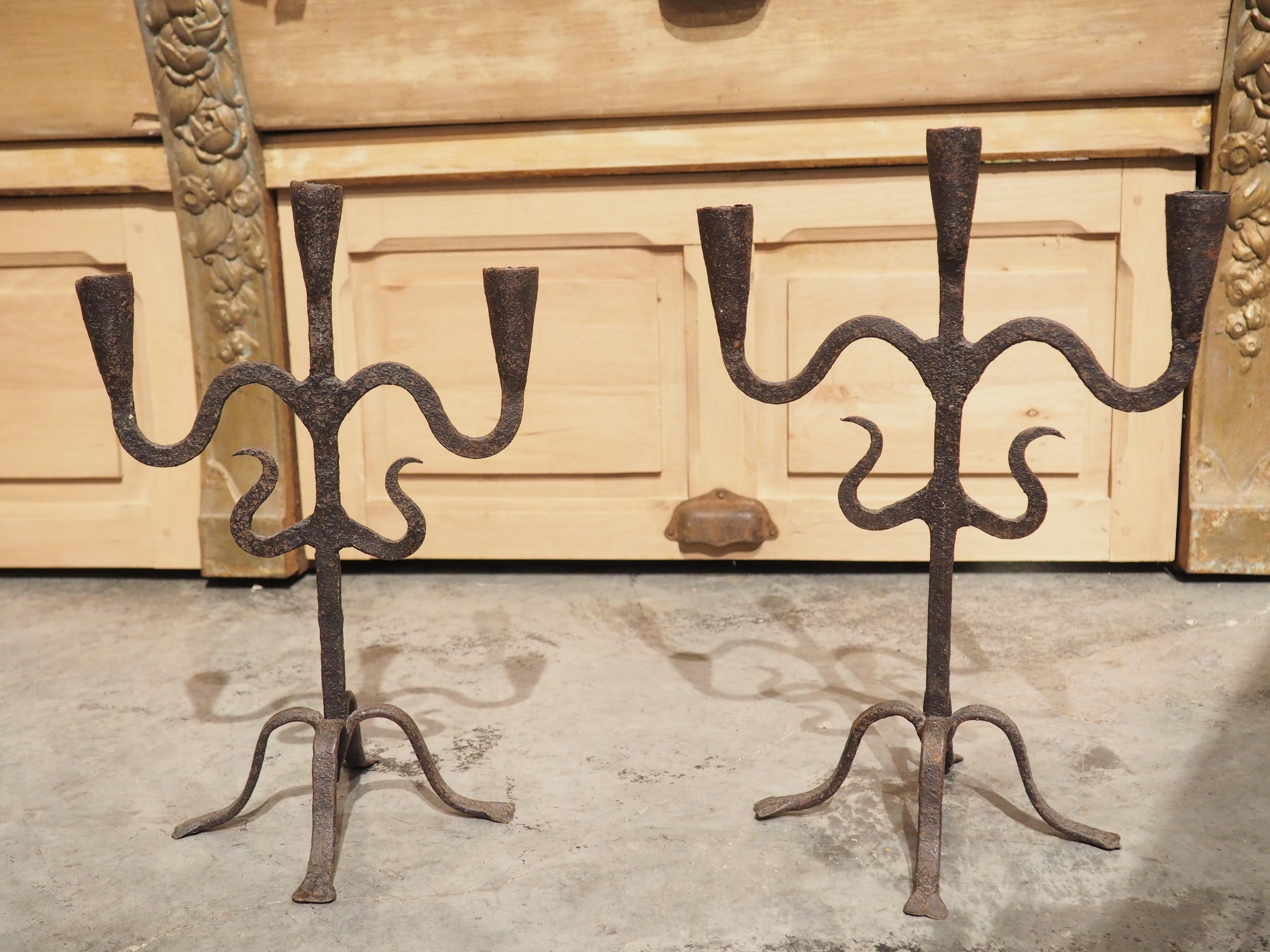 Pair of Hand Forged Iron Candle Holders from Spain, circa 1800 11