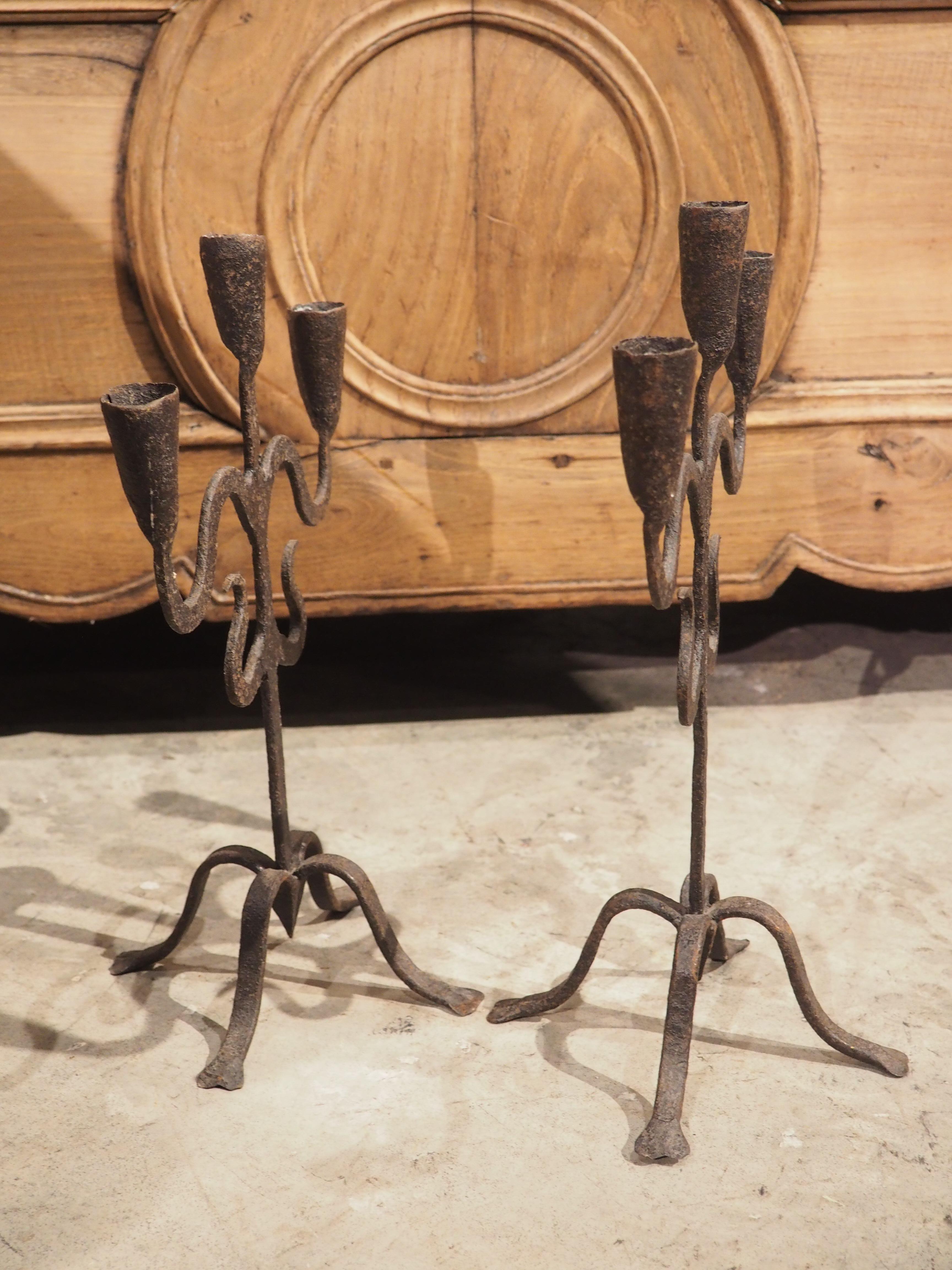 Early 19th Century Pair of Hand Forged Iron Candle Holders from Spain, circa 1800