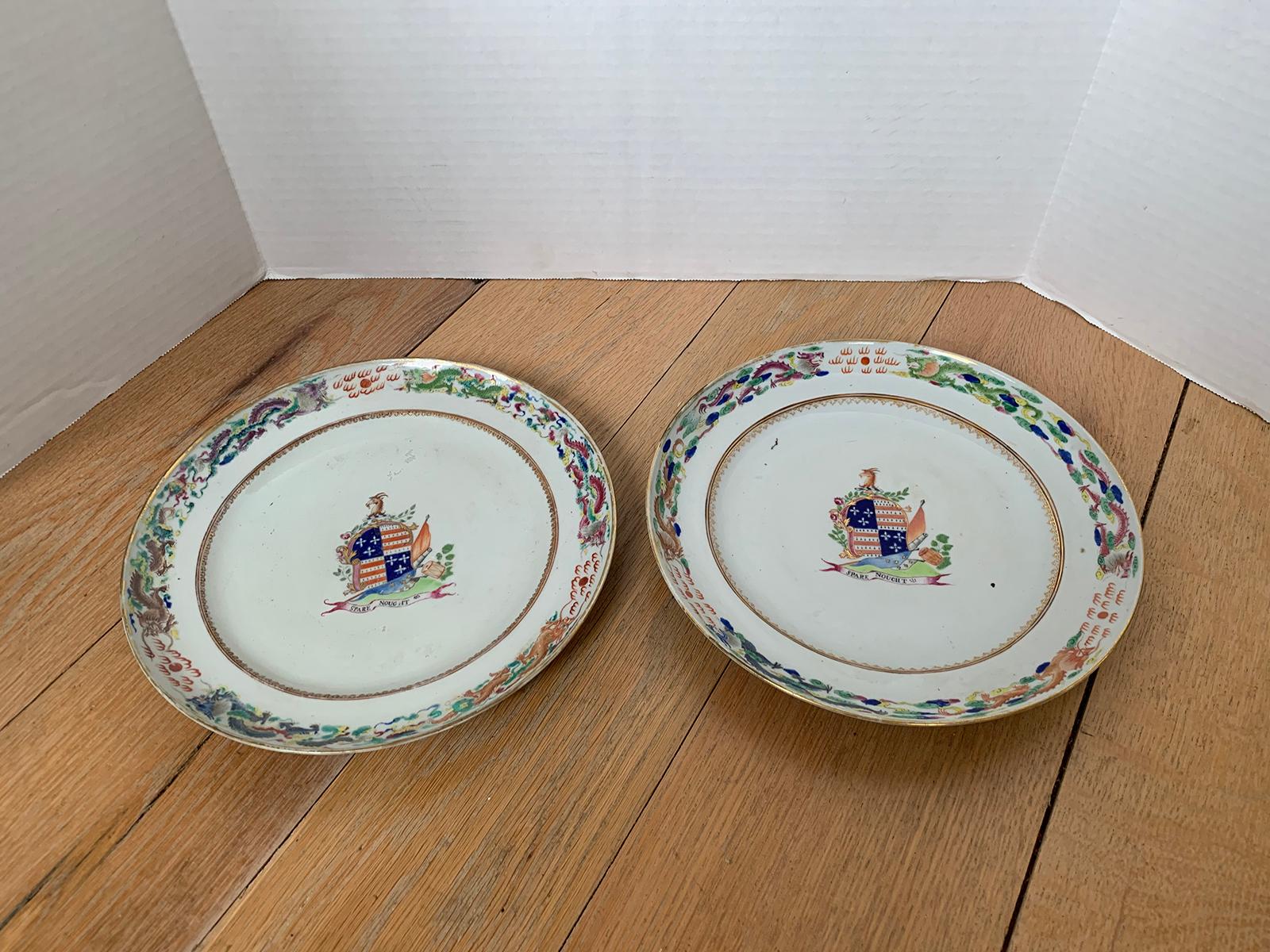 Pair of circa 1815 Chinese Export Famille Rose Armorial Porcelain Plates In Good Condition In Atlanta, GA