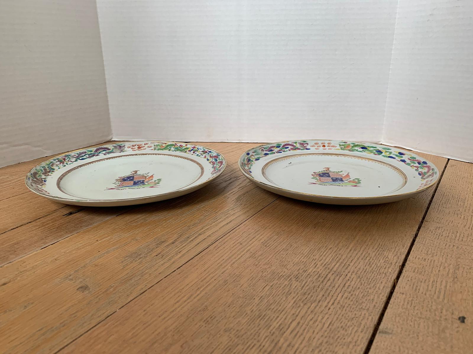 Early 19th Century Pair of circa 1815 Chinese Export Famille Rose Armorial Porcelain Plates
