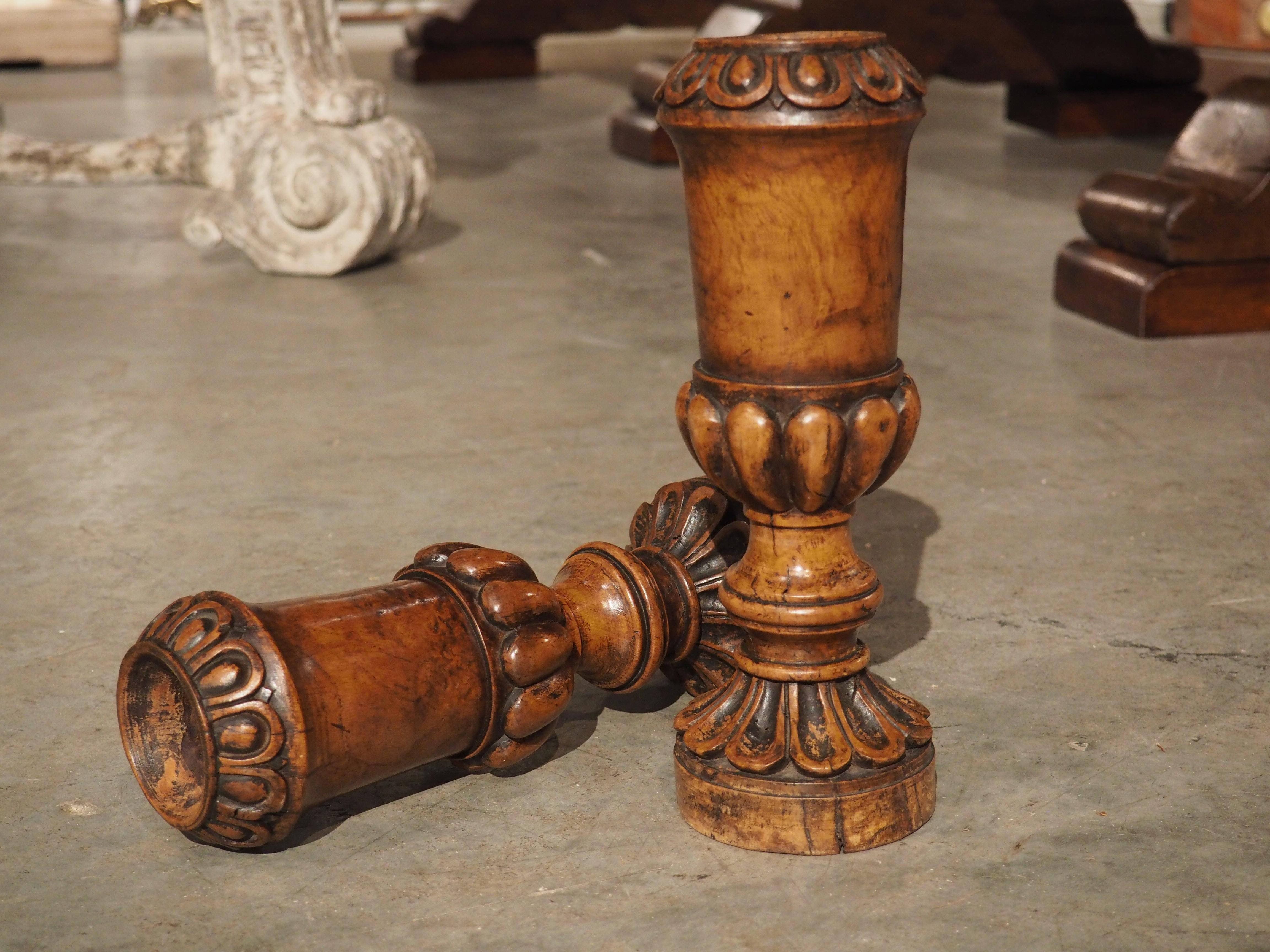 Wood Pair of circa 1820 Carved Walnut Spill Vases from England For Sale