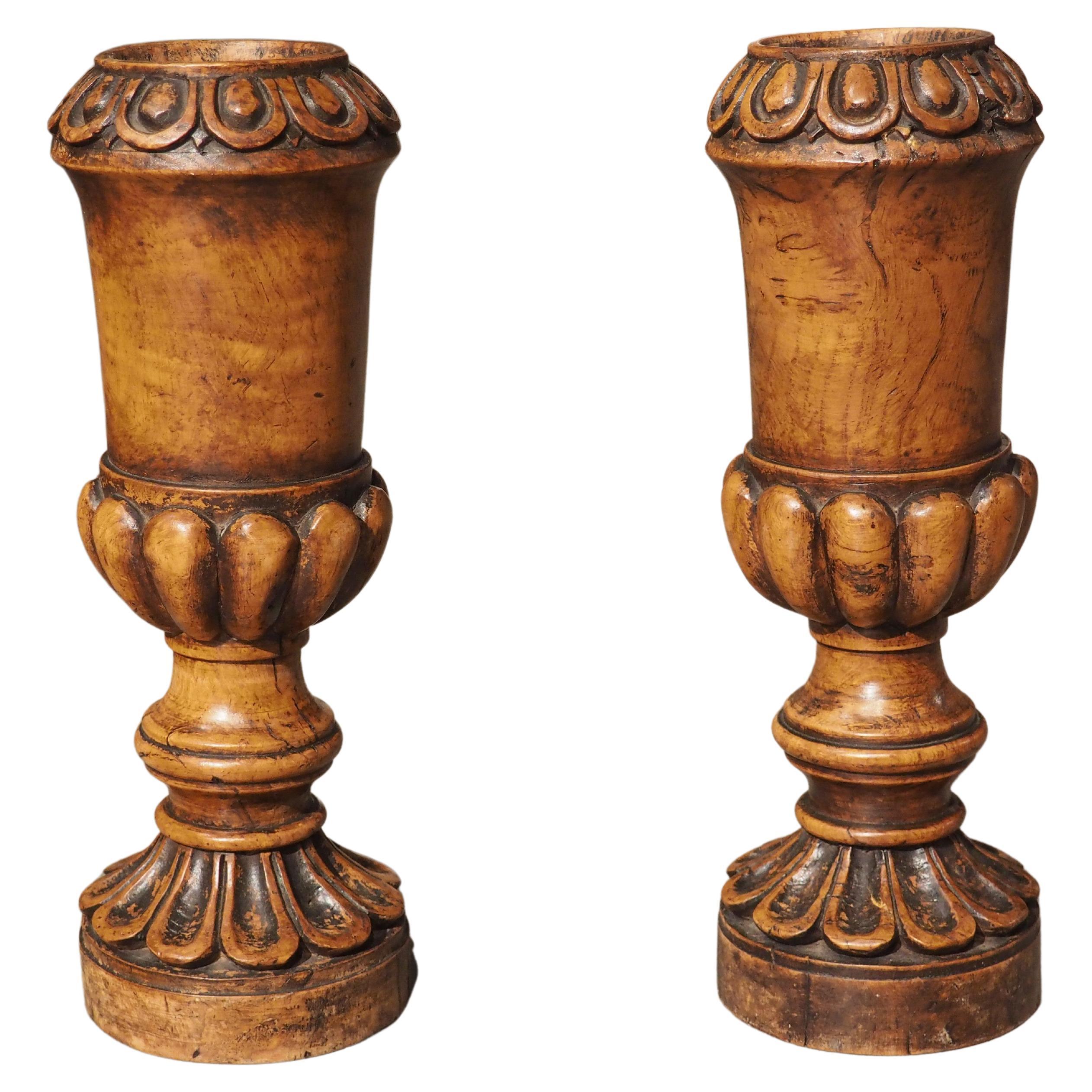 Pair of circa 1820 Carved Walnut Spill Vases from England For Sale