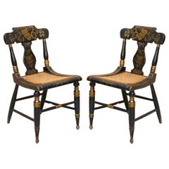 Pair of circa 1825 Georgian Baltimore Ebonised Painted Gilt Bergere Side Chairs