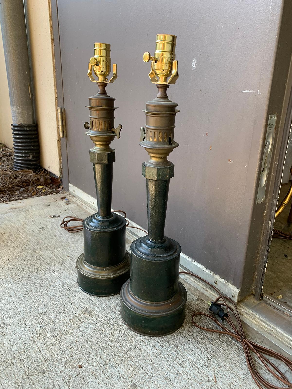 Pair of circa 1830s French Green Tole and Brass Carcel Lamps with Maker's Patent 4