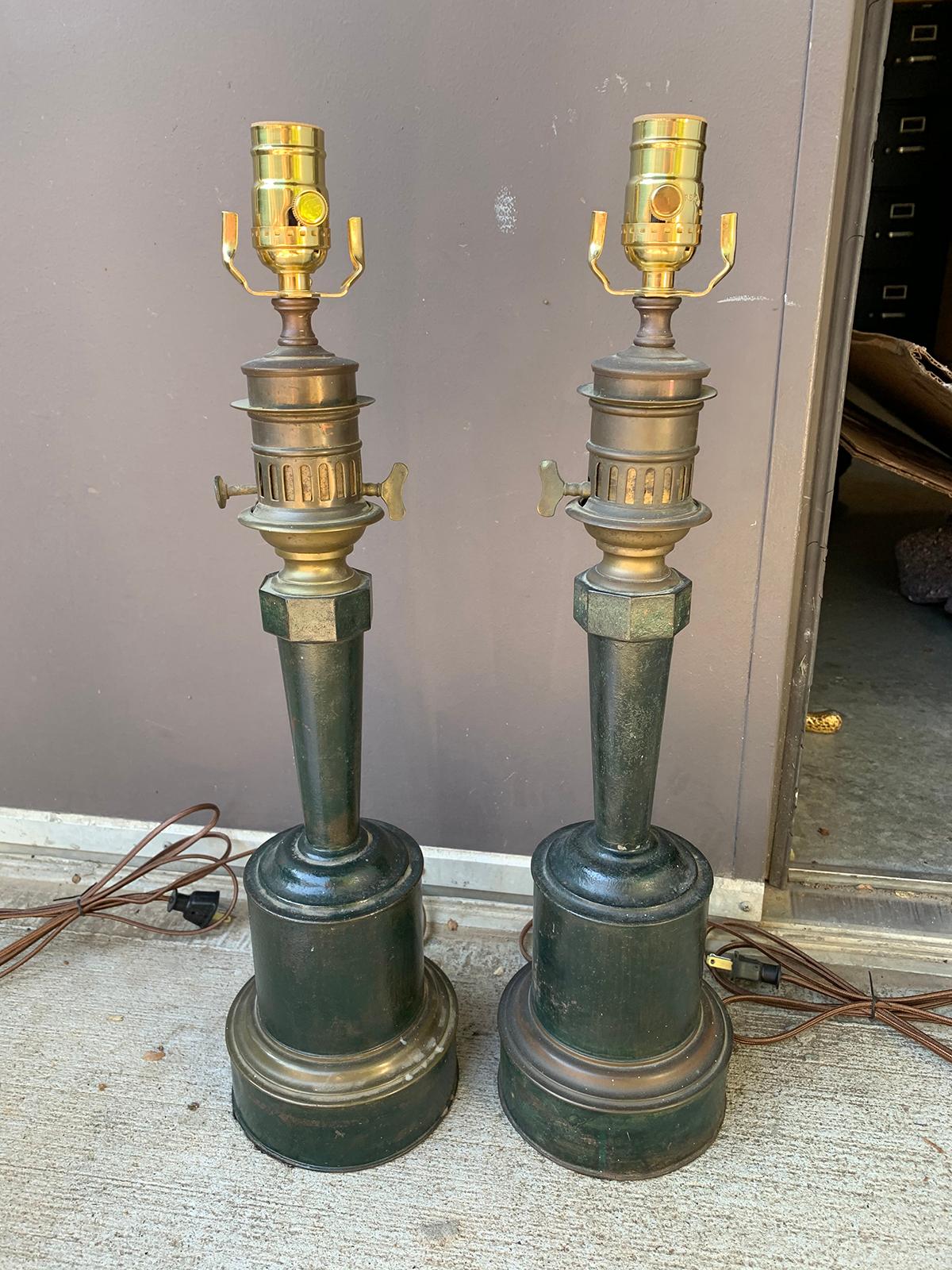 Pair of circa 1830s French Green Tole and Brass Carcel Lamps with Maker's Patent 5