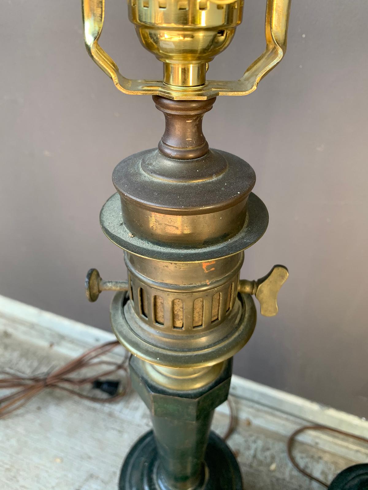 Pair of circa 1830s French Green Tole and Brass Carcel Lamps with Maker's Patent 6