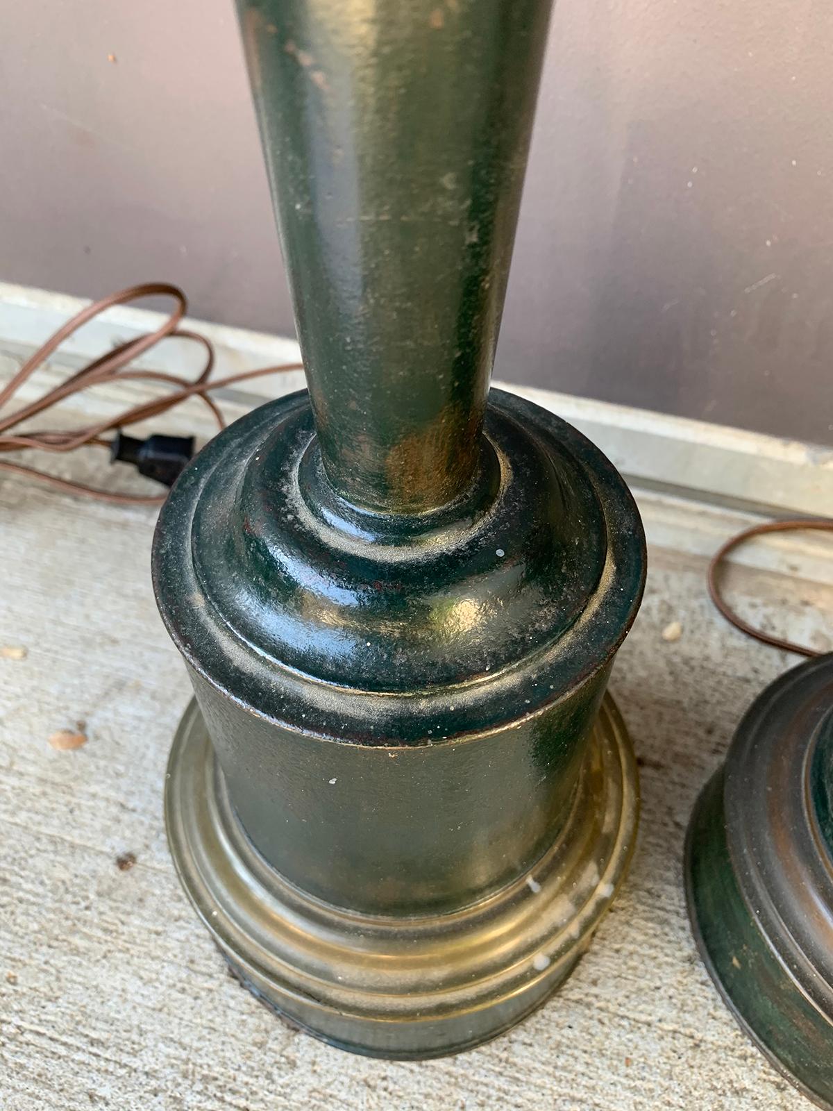 Pair of circa 1830s French Green Tole and Brass Carcel Lamps with Maker's Patent 8