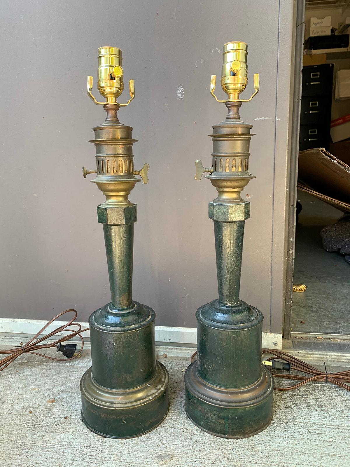 Pair of circa 1830s French Green Tole and Brass Carcel Lamps with Maker's Patent 1