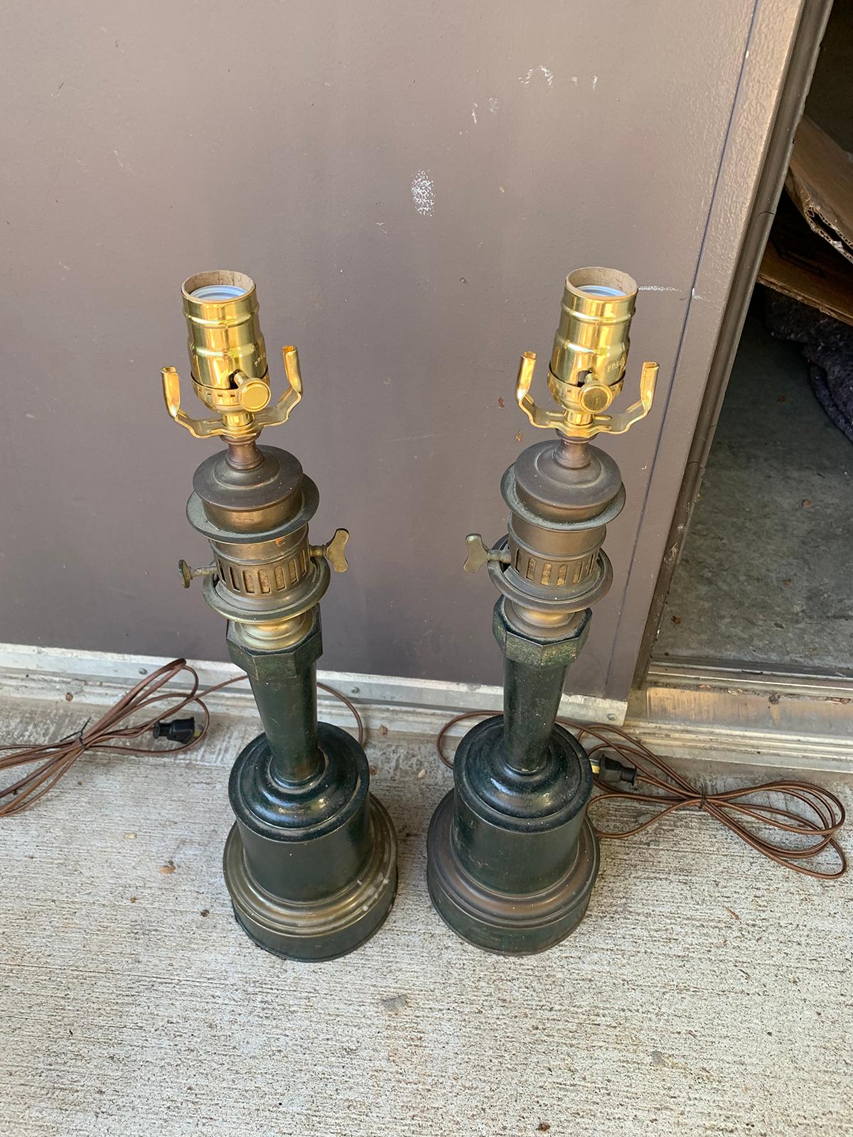 Pair of circa 1830s French Green Tole and Brass Carcel Lamps with Maker's Patent 2
