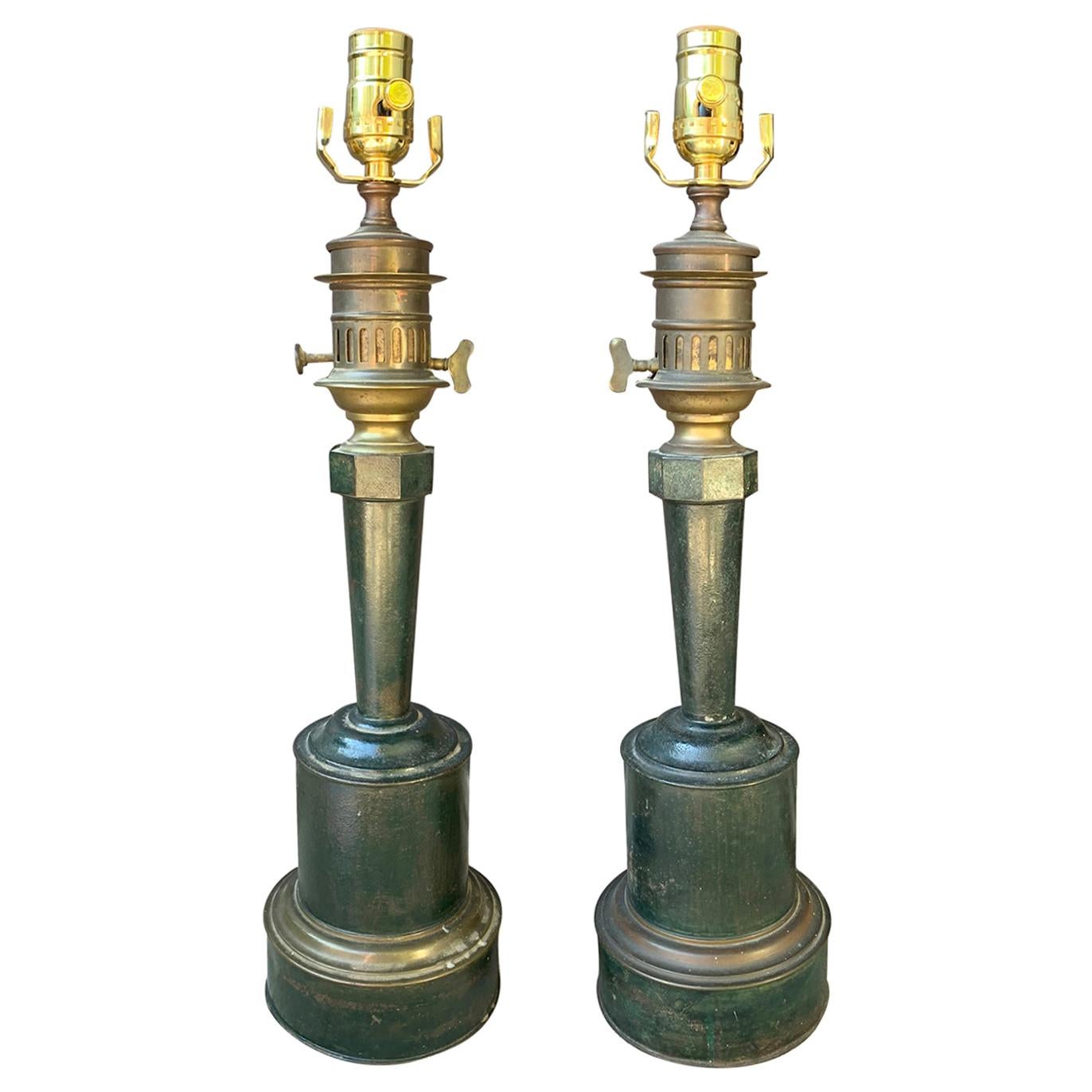 Pair of circa 1830s French Green Tole and Brass Carcel Lamps with Maker's Patent