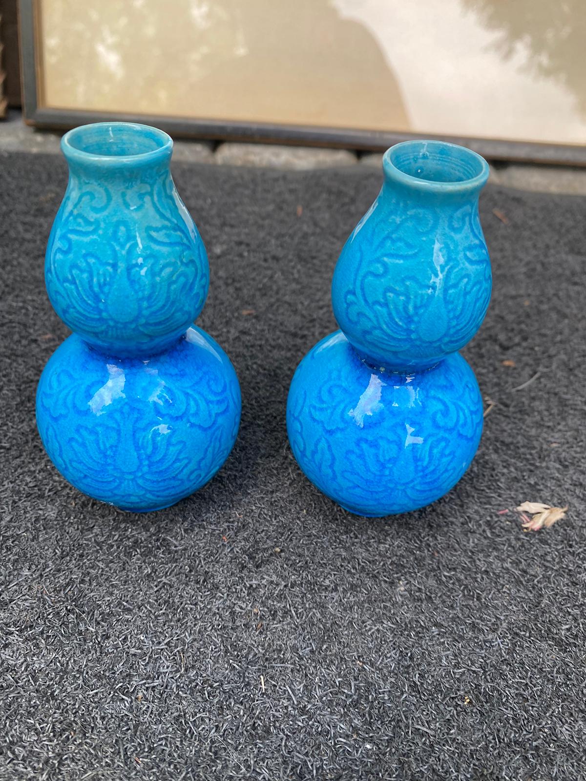 Pair of Circa 1850 Miniature Chinese Turquoise Double Gourd Jars, Impressed Mark For Sale 4