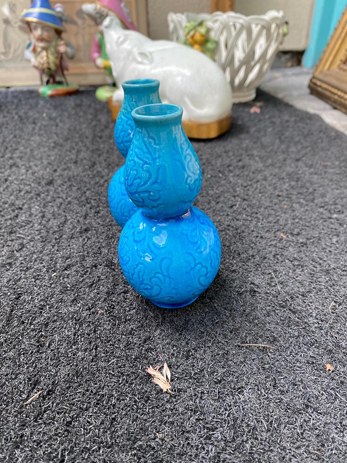 Pair of Circa 1850 Miniature Chinese Turquoise Double Gourd Jars, Impressed Mark For Sale 2