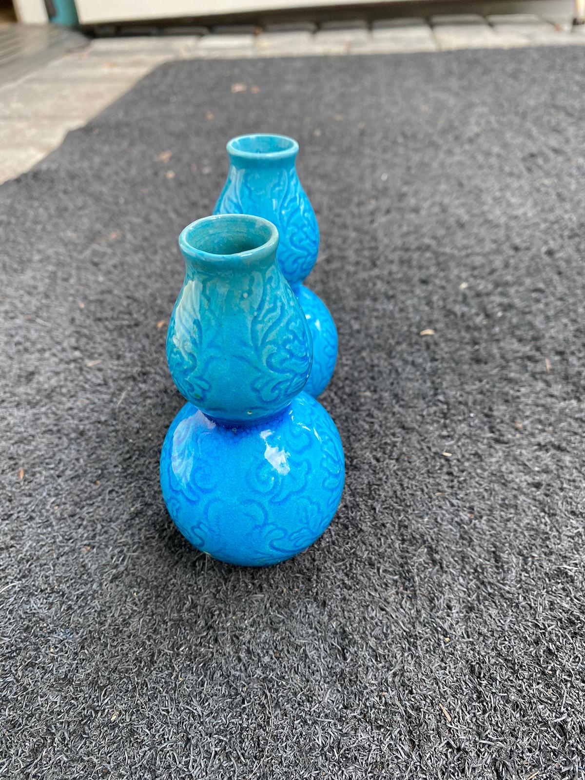 Pair of Circa 1850 Miniature Chinese Turquoise Double Gourd Jars, Impressed Mark For Sale 3