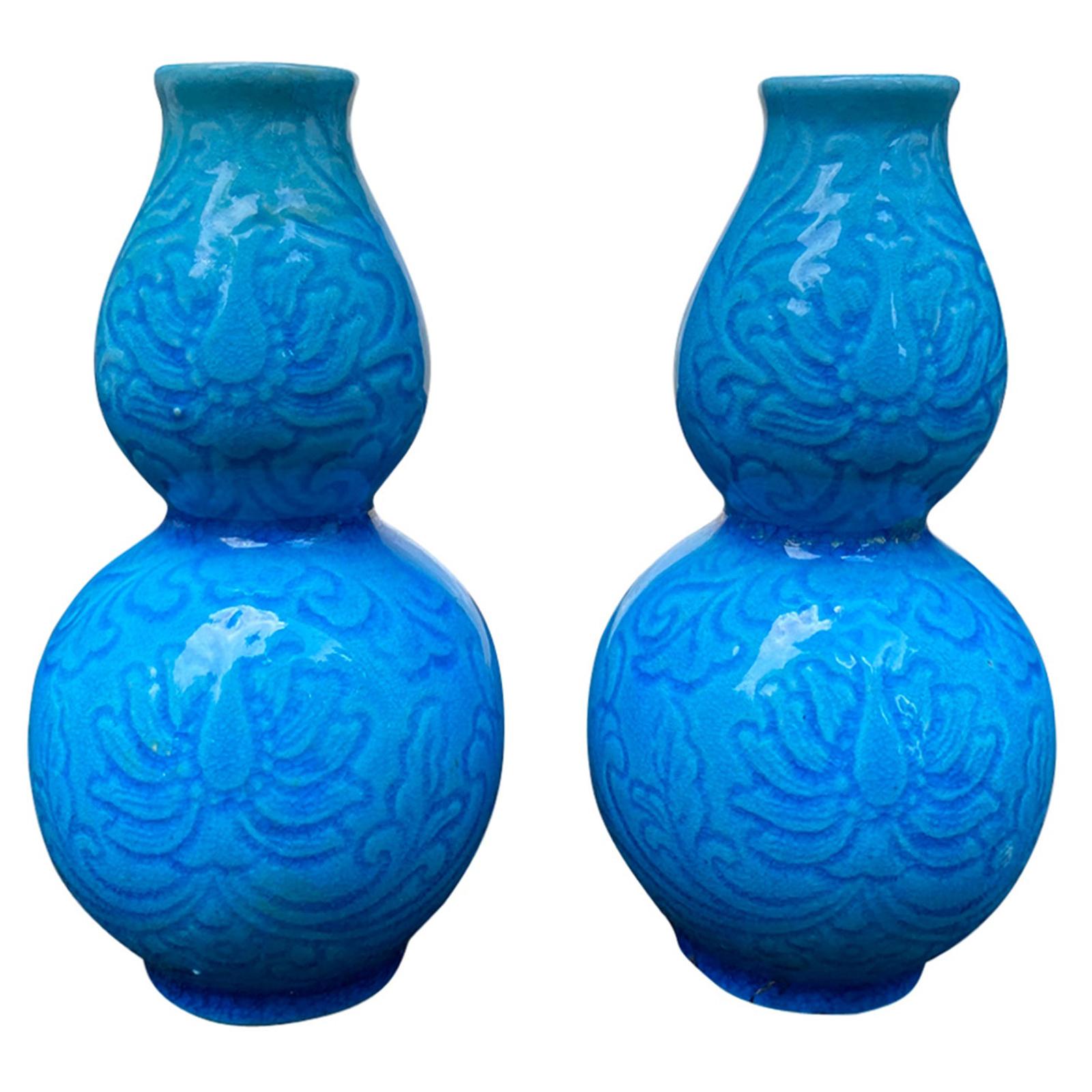 Pair of Circa 1850 Miniature Chinese Turquoise Double Gourd Jars, Impressed Mark For Sale