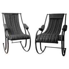 Pair of Circa 1850 Peter Cooper Black Leather Rocking Chairs for R.W. Winfield