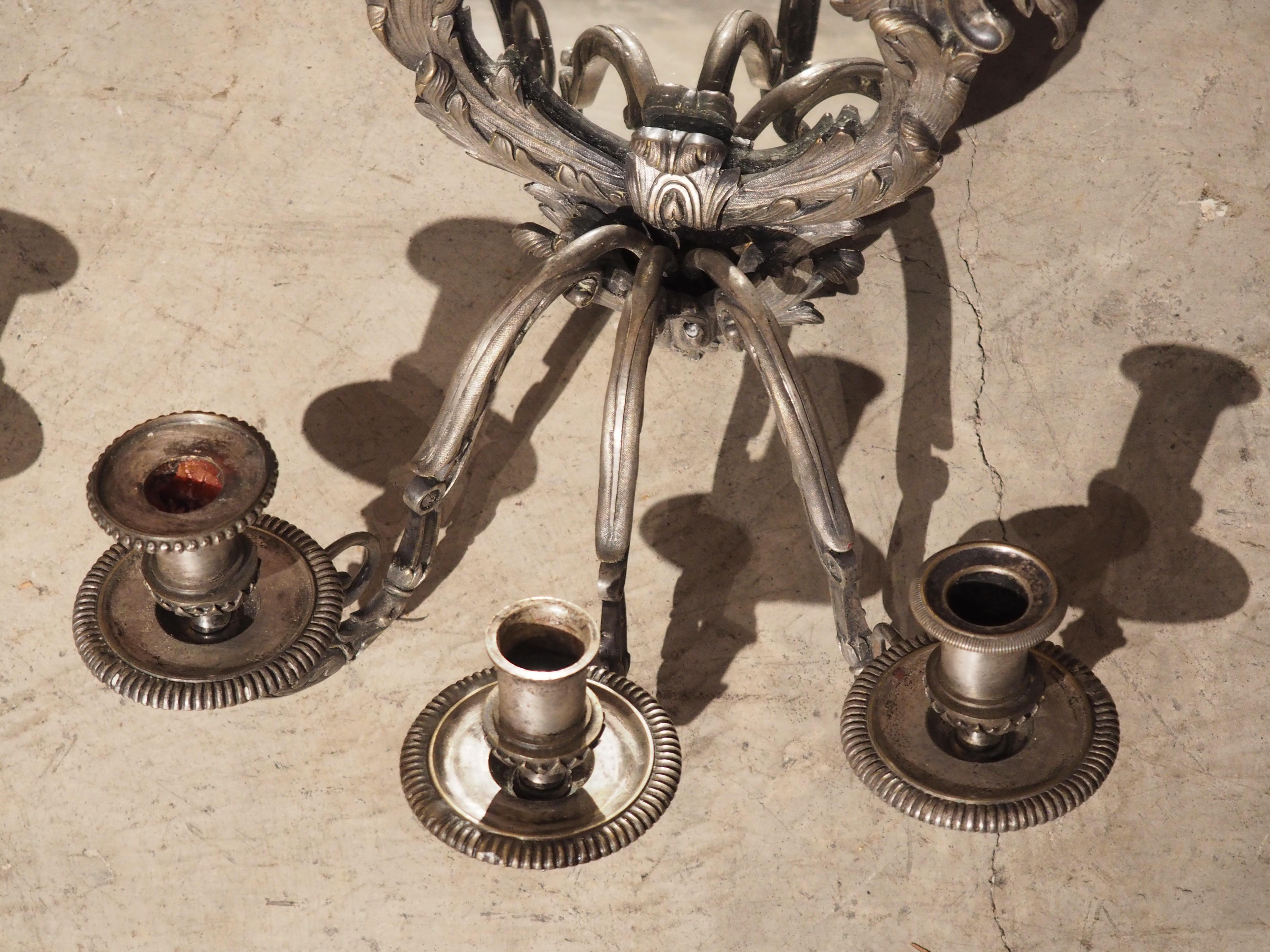 Pair of circa 1850 Régence Style Silvered Bronze Mirrored Sconces from France For Sale 9
